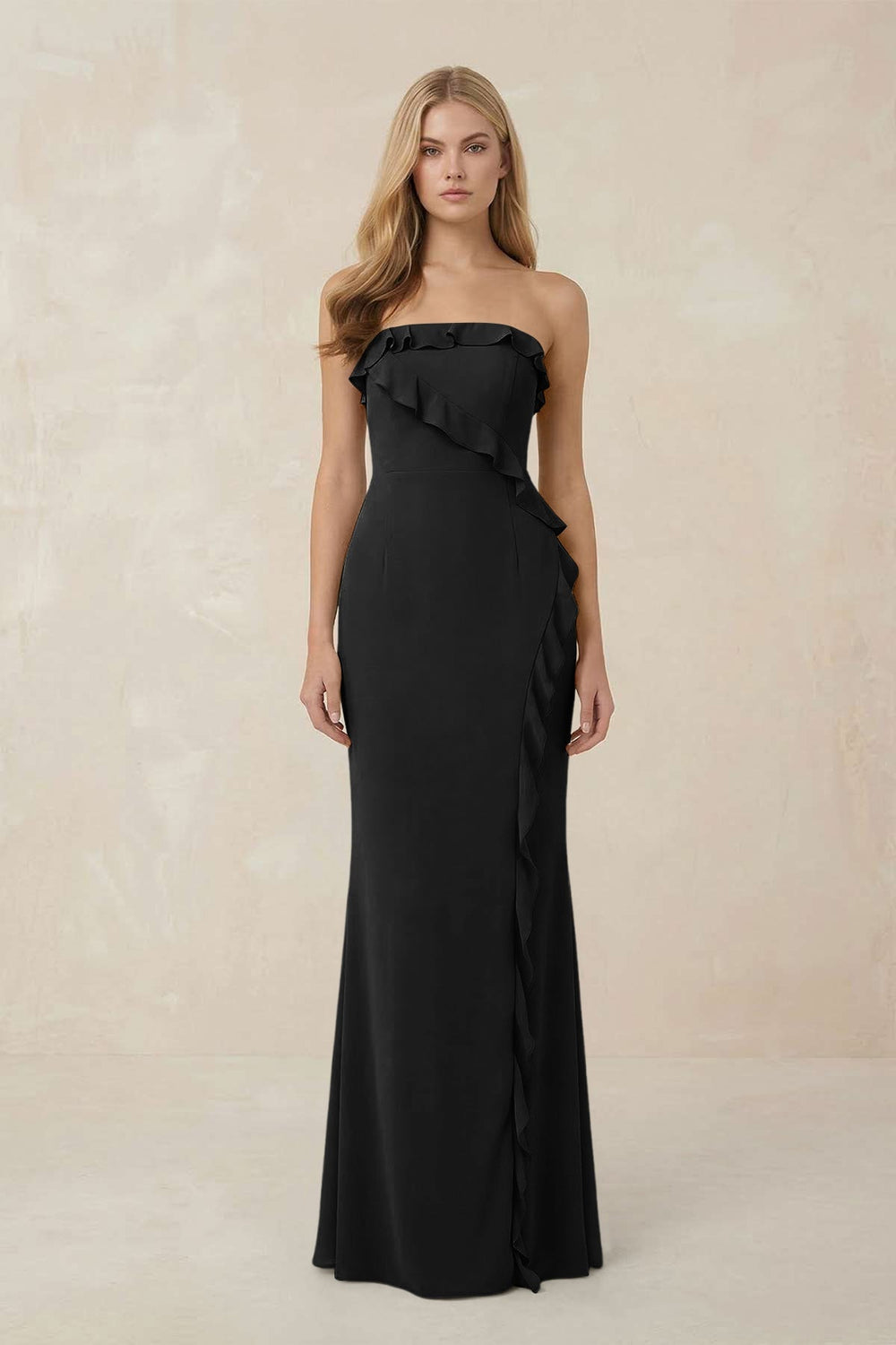 Strapless Ruffled Sheath Bridesmaid Dress in Black