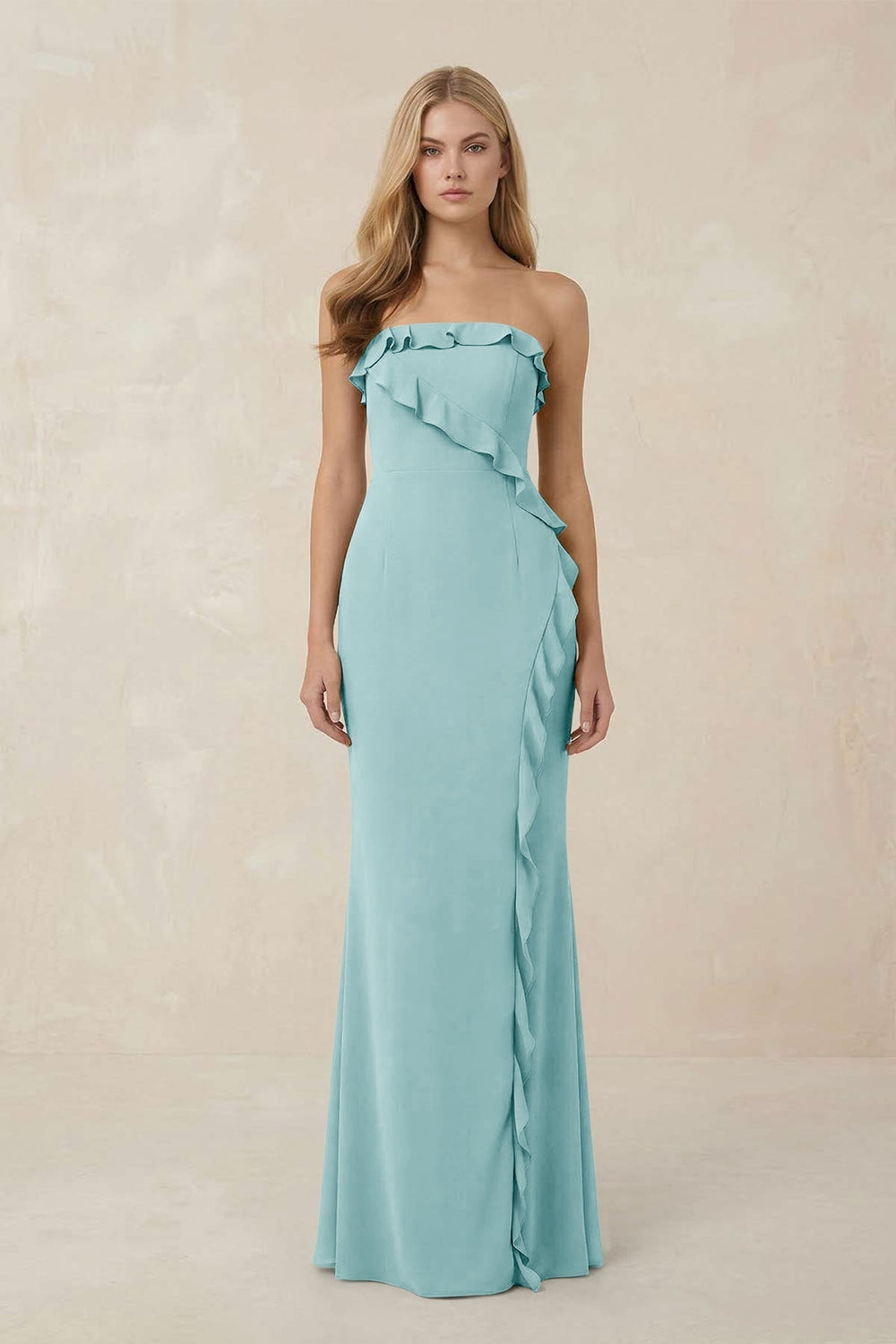 Strapless Ruffled Sheath Bridesmaid Dress in Bleached Aqua