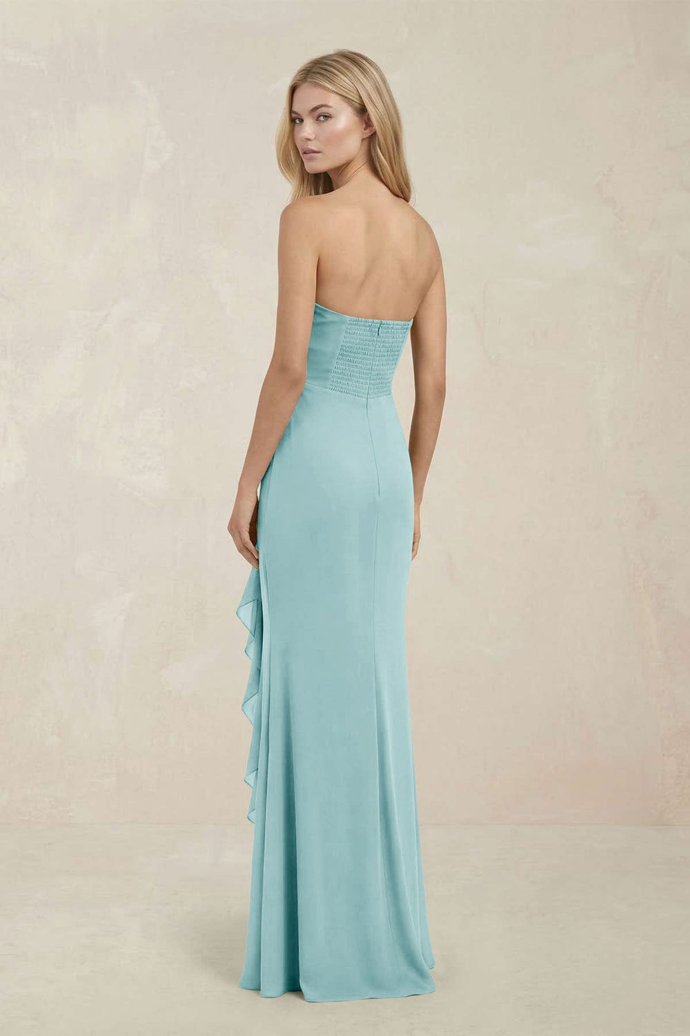 Strapless Ruffled Sheath Bridesmaid Dress in Bleached Aqua
