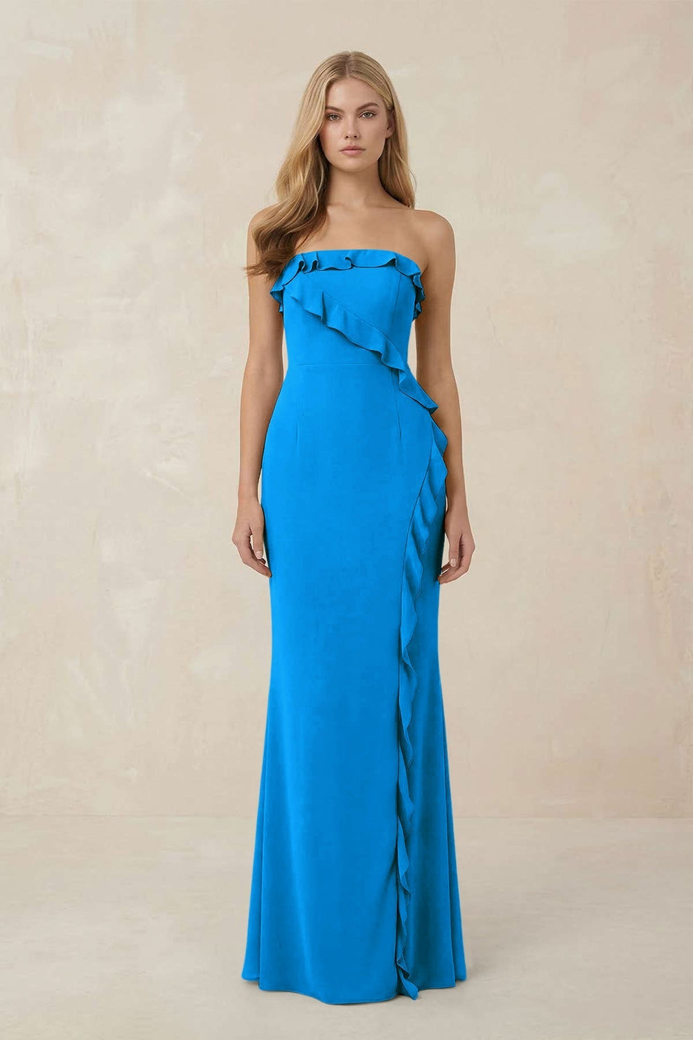 Strapless Ruffled Sheath Bridesmaid Dress in Blue Jay