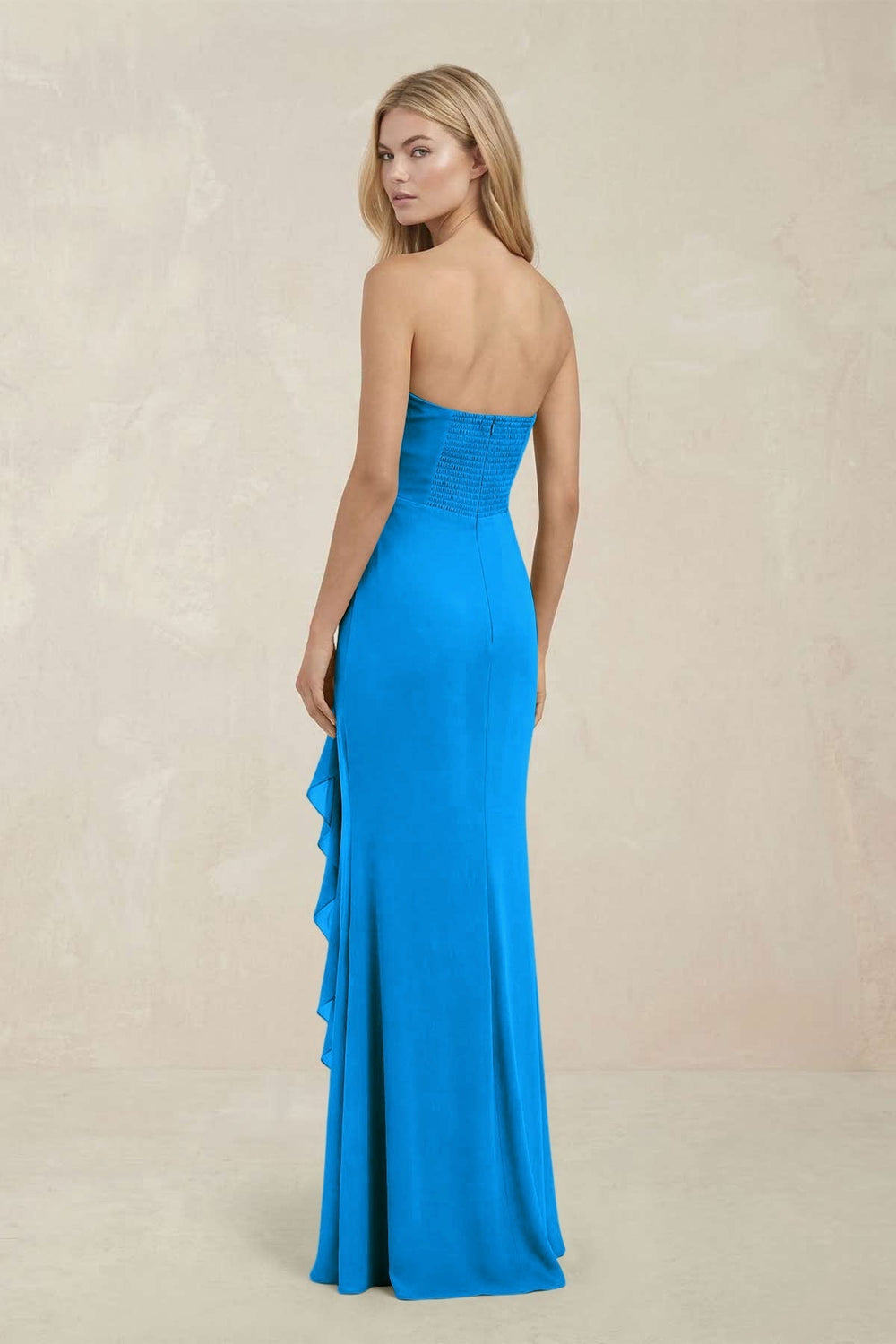 Strapless Ruffled Sheath Bridesmaid Dress in Blue Jay