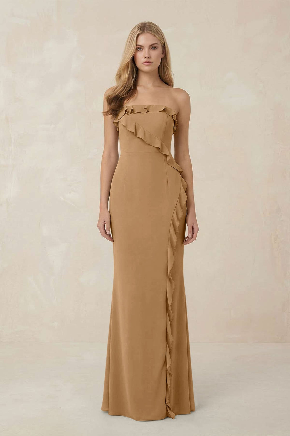 Strapless Ruffled Sheath Bridesmaid Dress in Bronzer