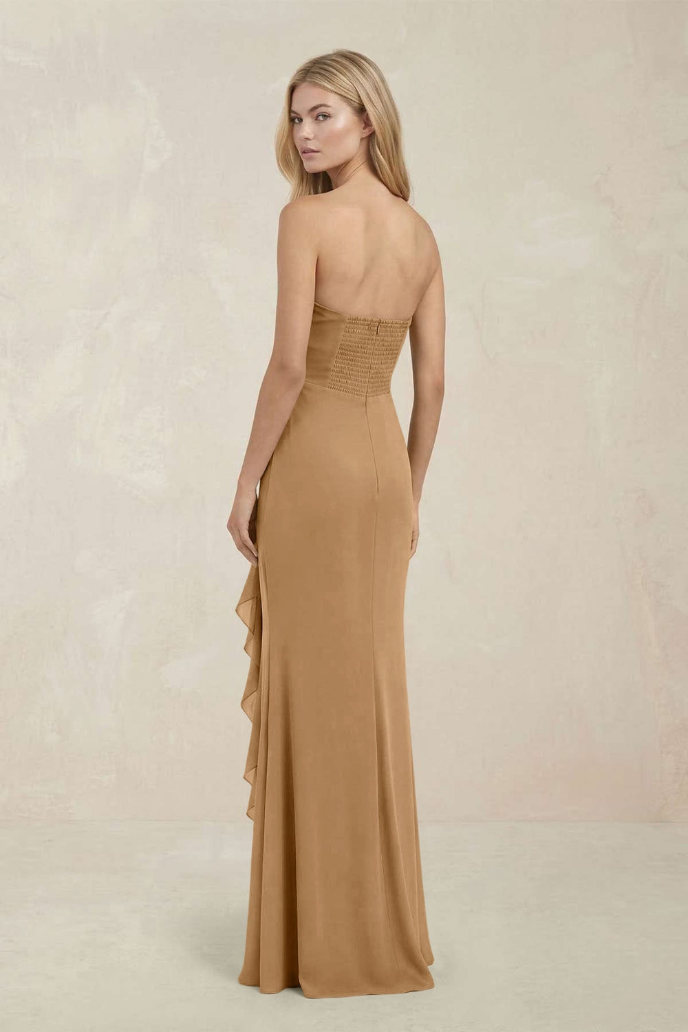 Strapless Ruffled Sheath Bridesmaid Dress in Bronzer