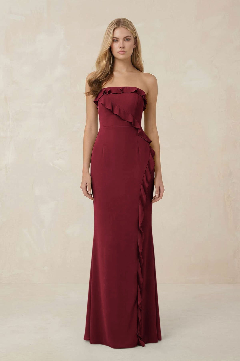Strapless Ruffled Sheath Bridesmaid Dress in Burgundy