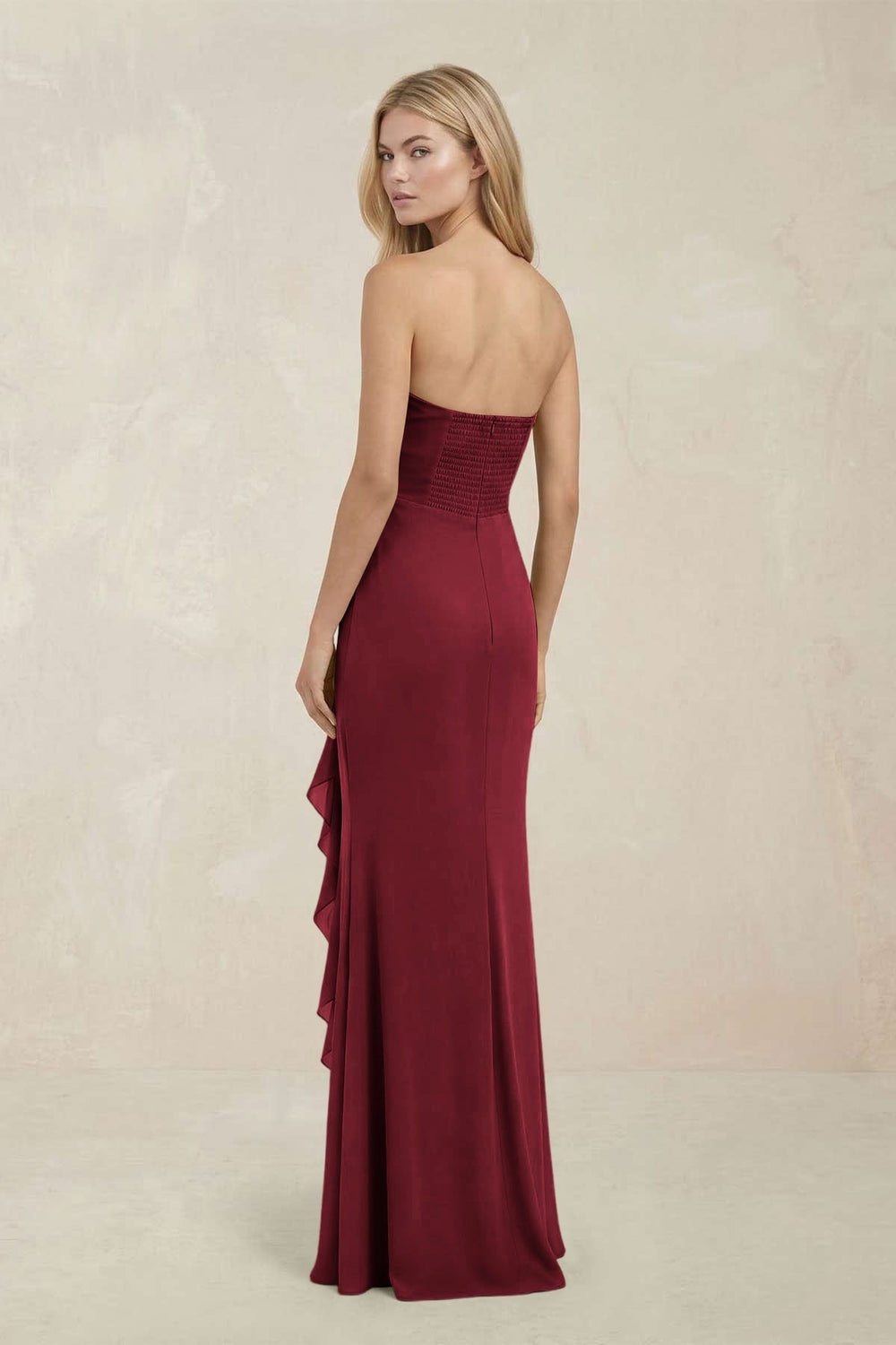 Strapless Ruffled Sheath Bridesmaid Dress in Burgundy