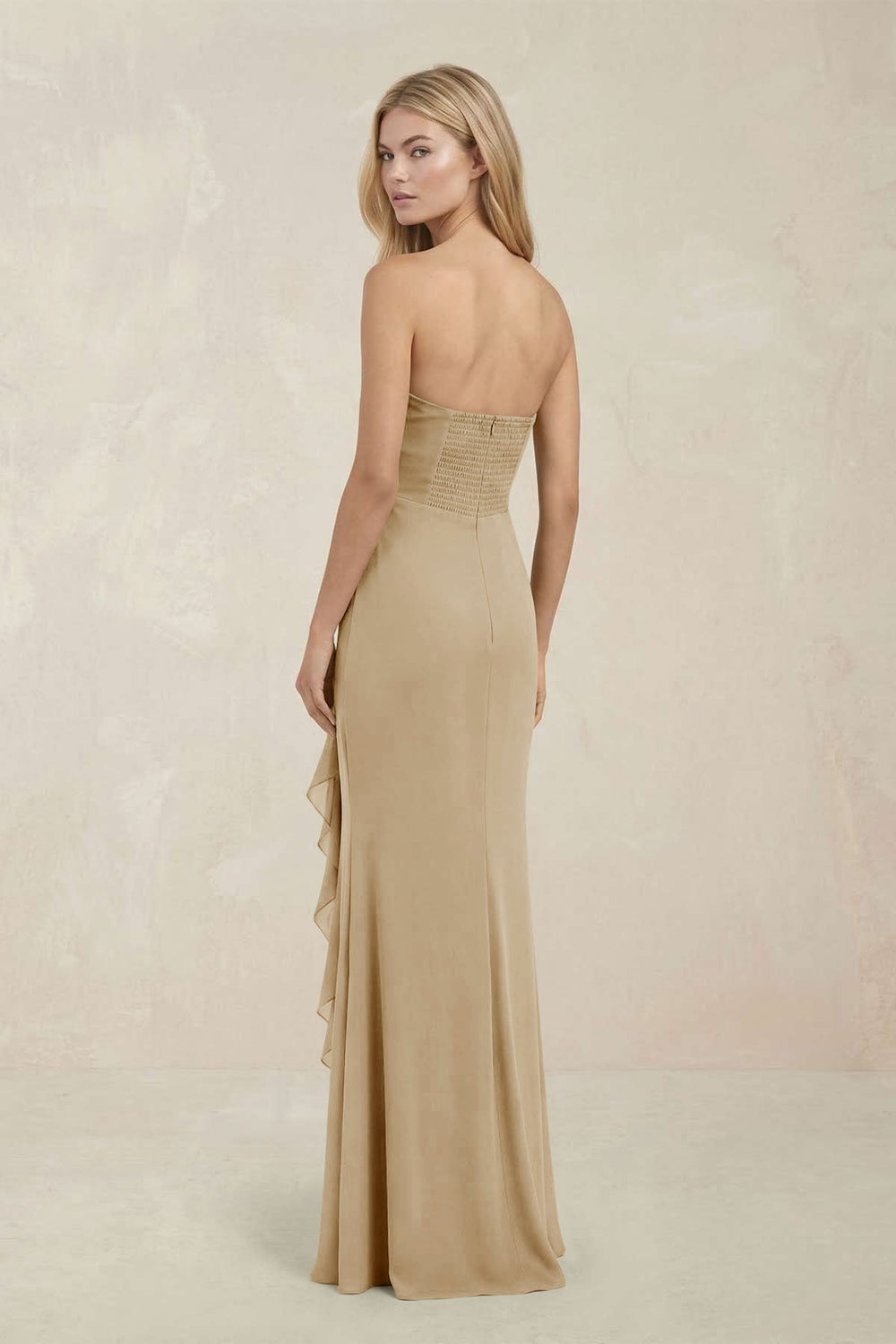 Strapless Ruffled Sheath Bridesmaid Dress in Champagne