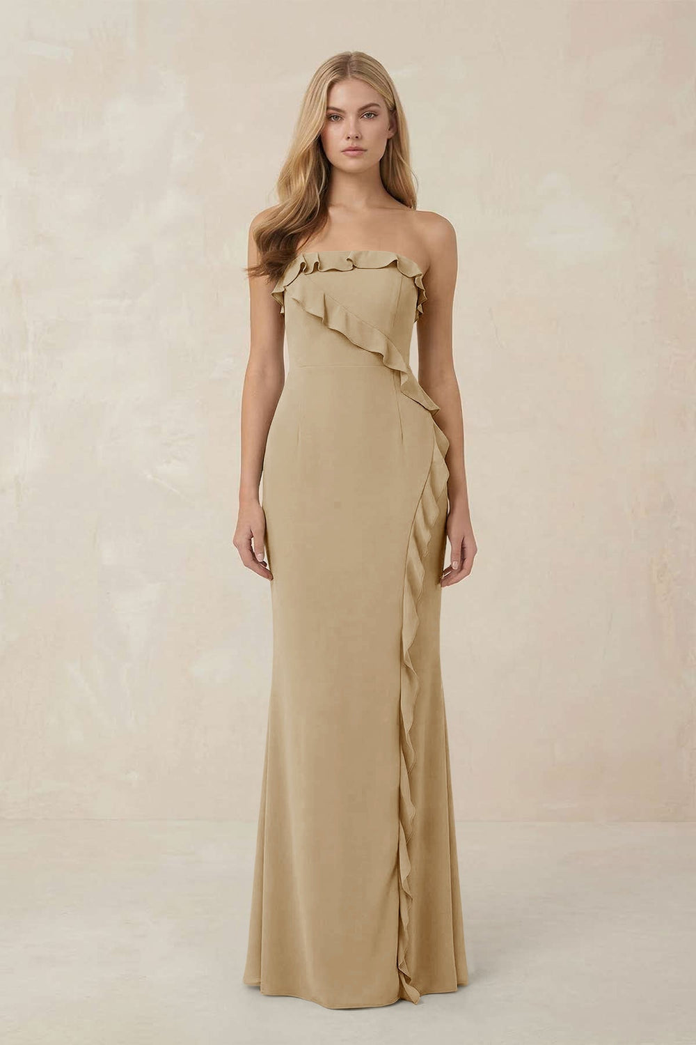 Strapless Ruffled Sheath Bridesmaid Dress in Champagne