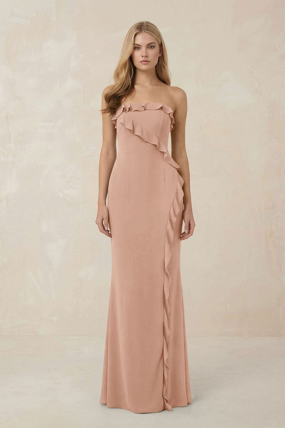 Strapless Ruffled Sheath Bridesmaid Dress in Champagne Rose