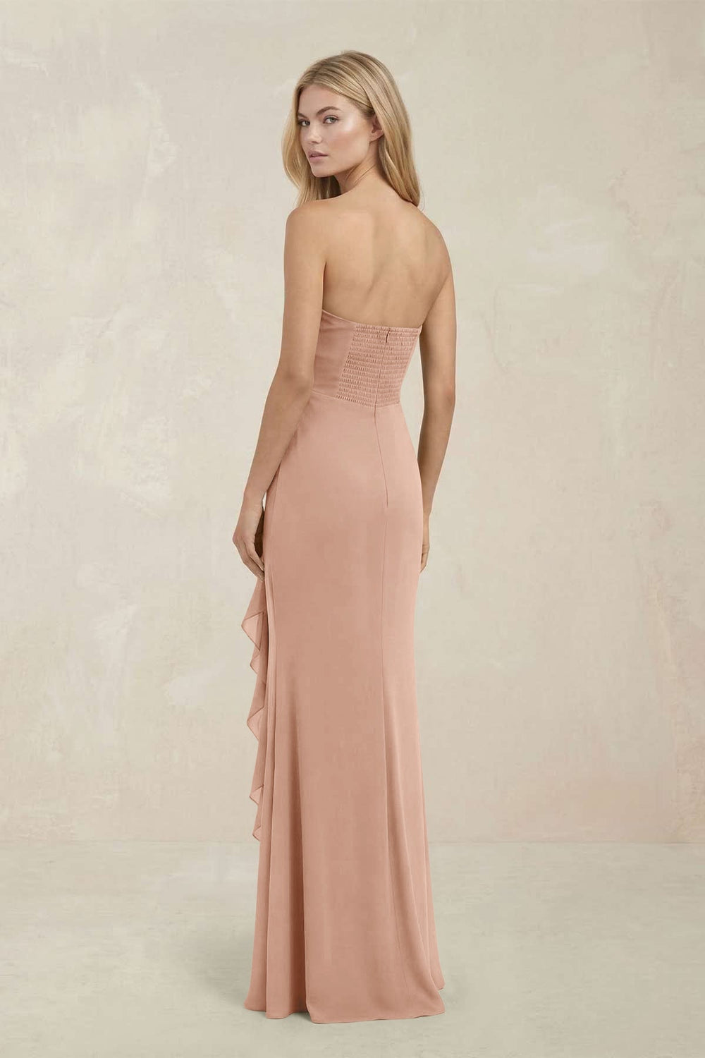 Strapless Ruffled Sheath Bridesmaid Dress in Champagne Rose