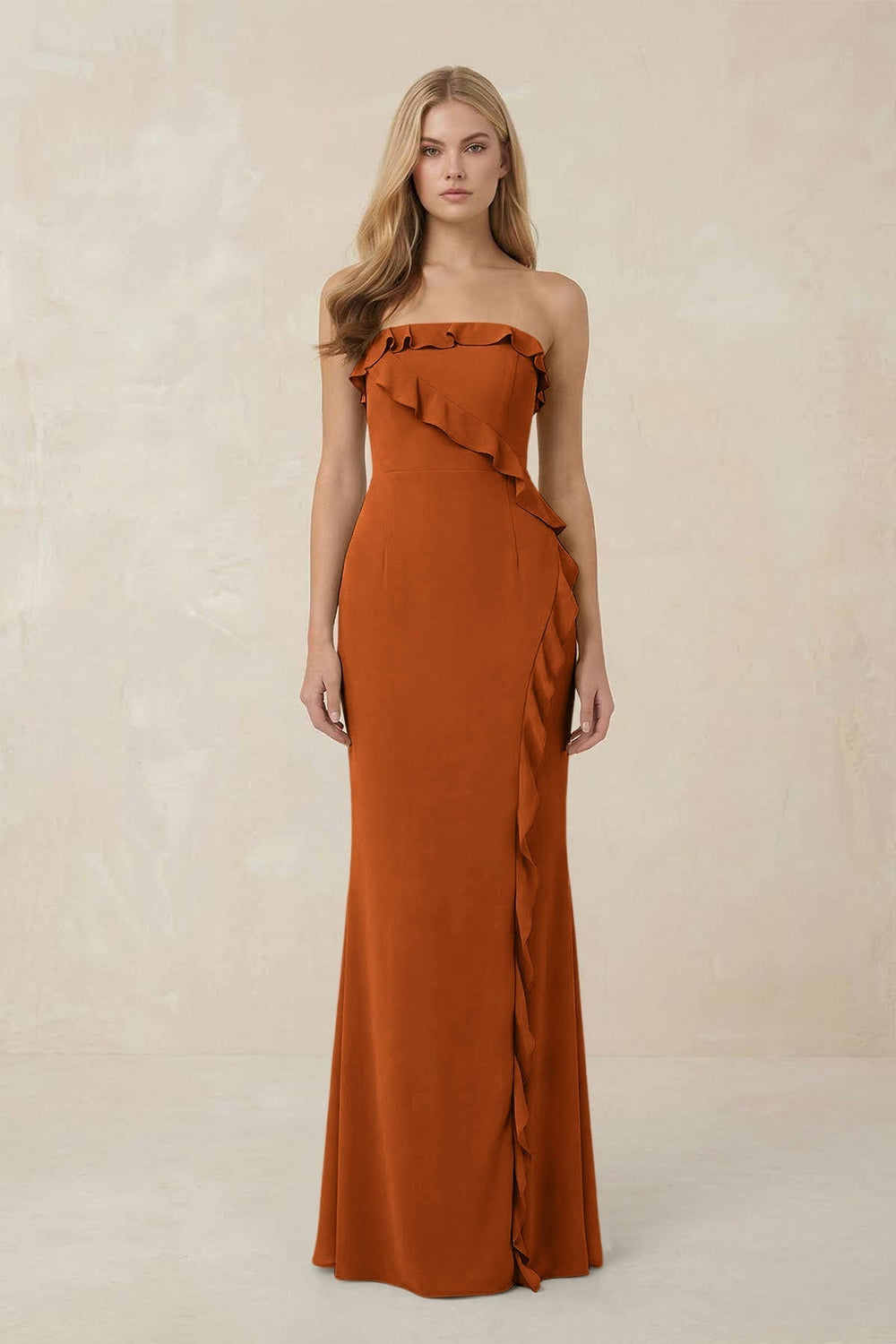 Strapless Ruffled Sheath Bridesmaid Dress in Cinnamon