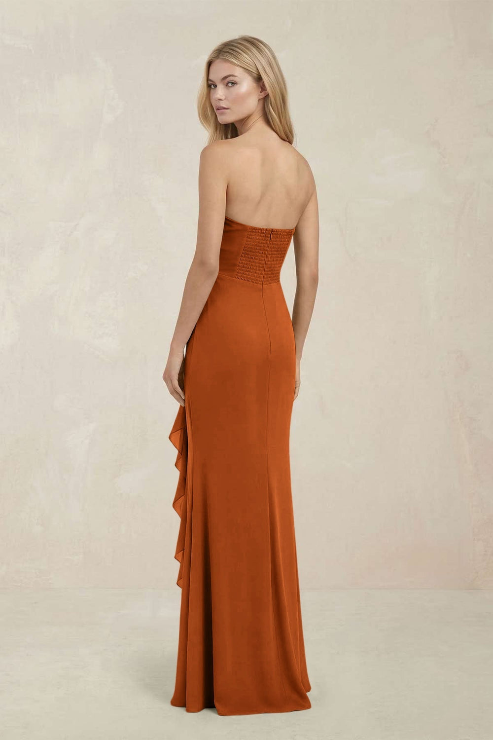 Strapless Ruffled Sheath Bridesmaid Dress in Cinnamon