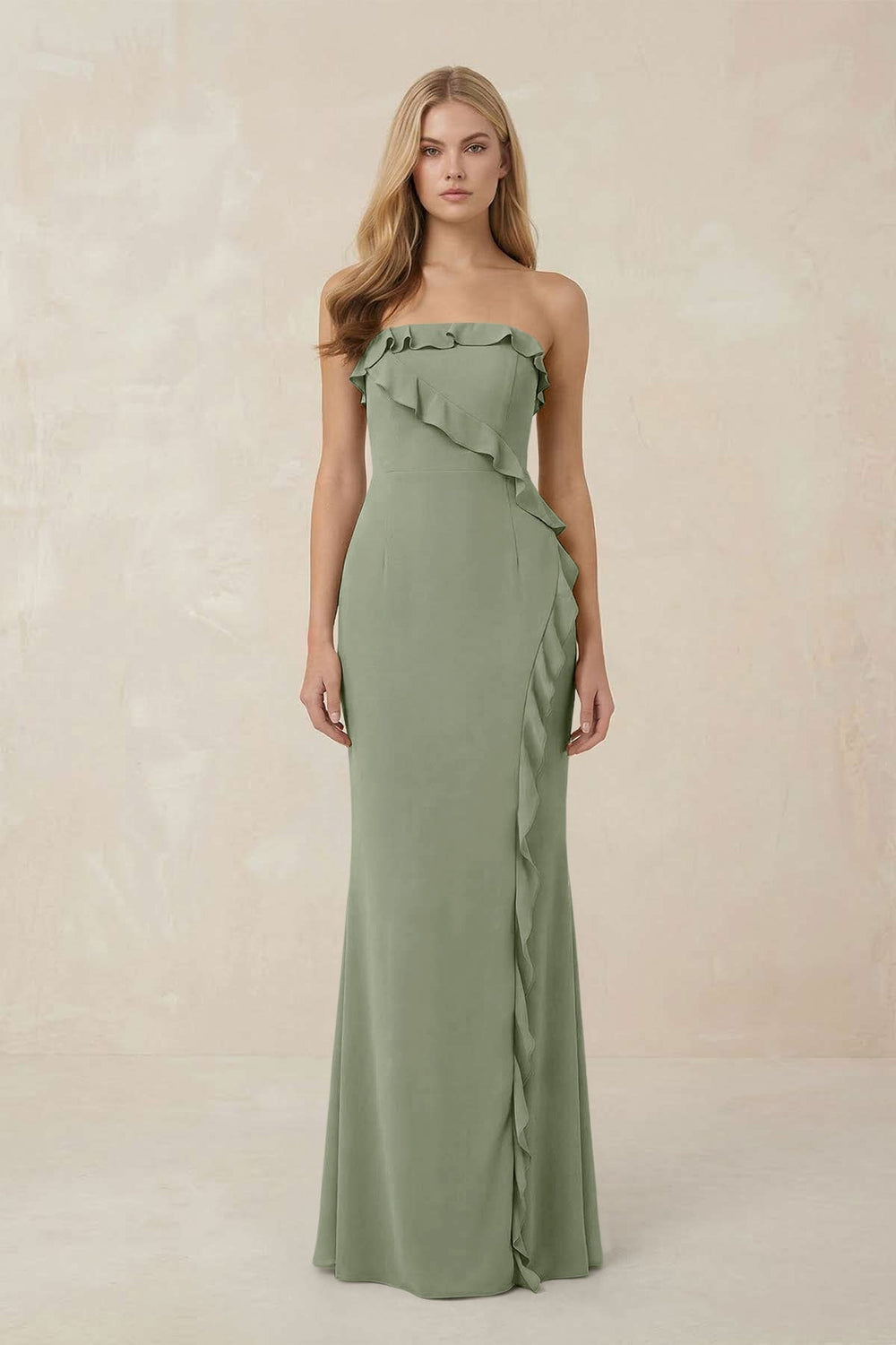 Strapless Ruffled Sheath Bridesmaid Dress in Dove Gray