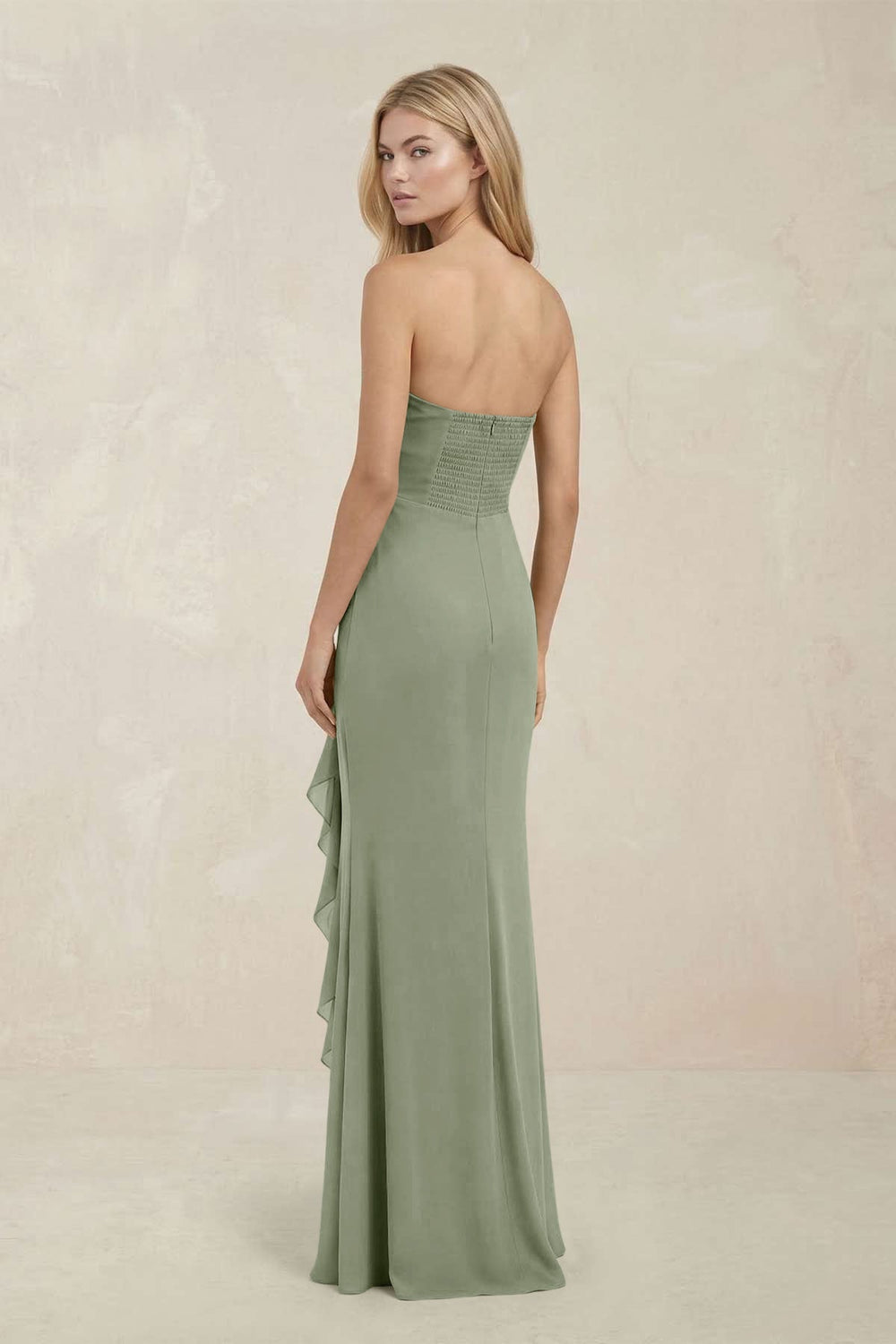 Strapless Ruffled Sheath Bridesmaid Dress in Dove Gray