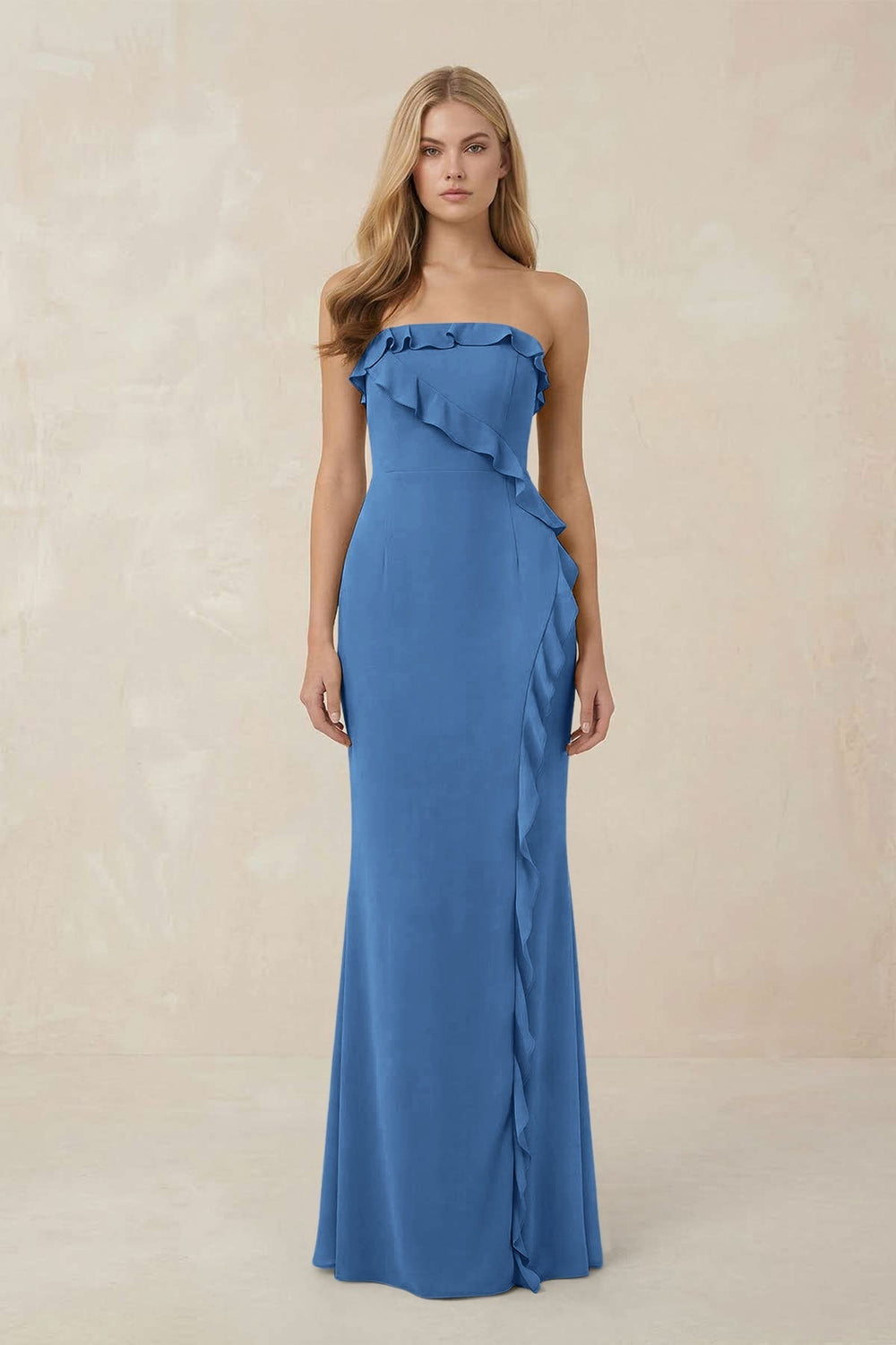 Strapless Ruffled Sheath Bridesmaid Dress in Dusty Blue