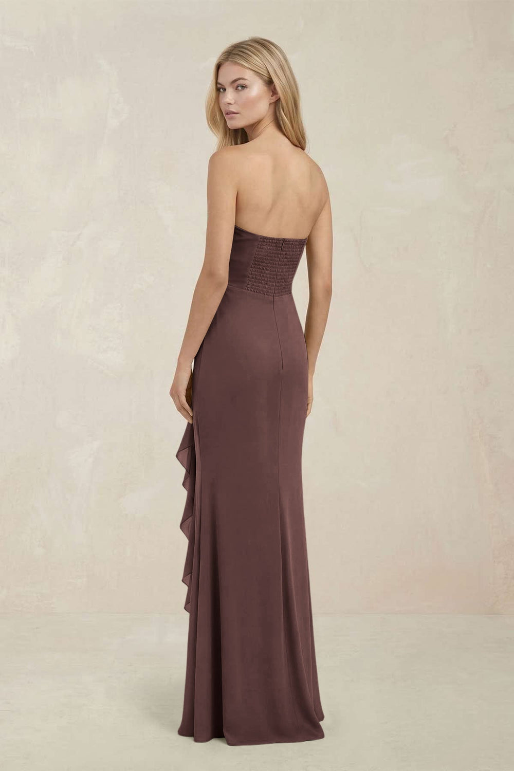Strapless Ruffled Sheath Bridesmaid Dress in Espresso