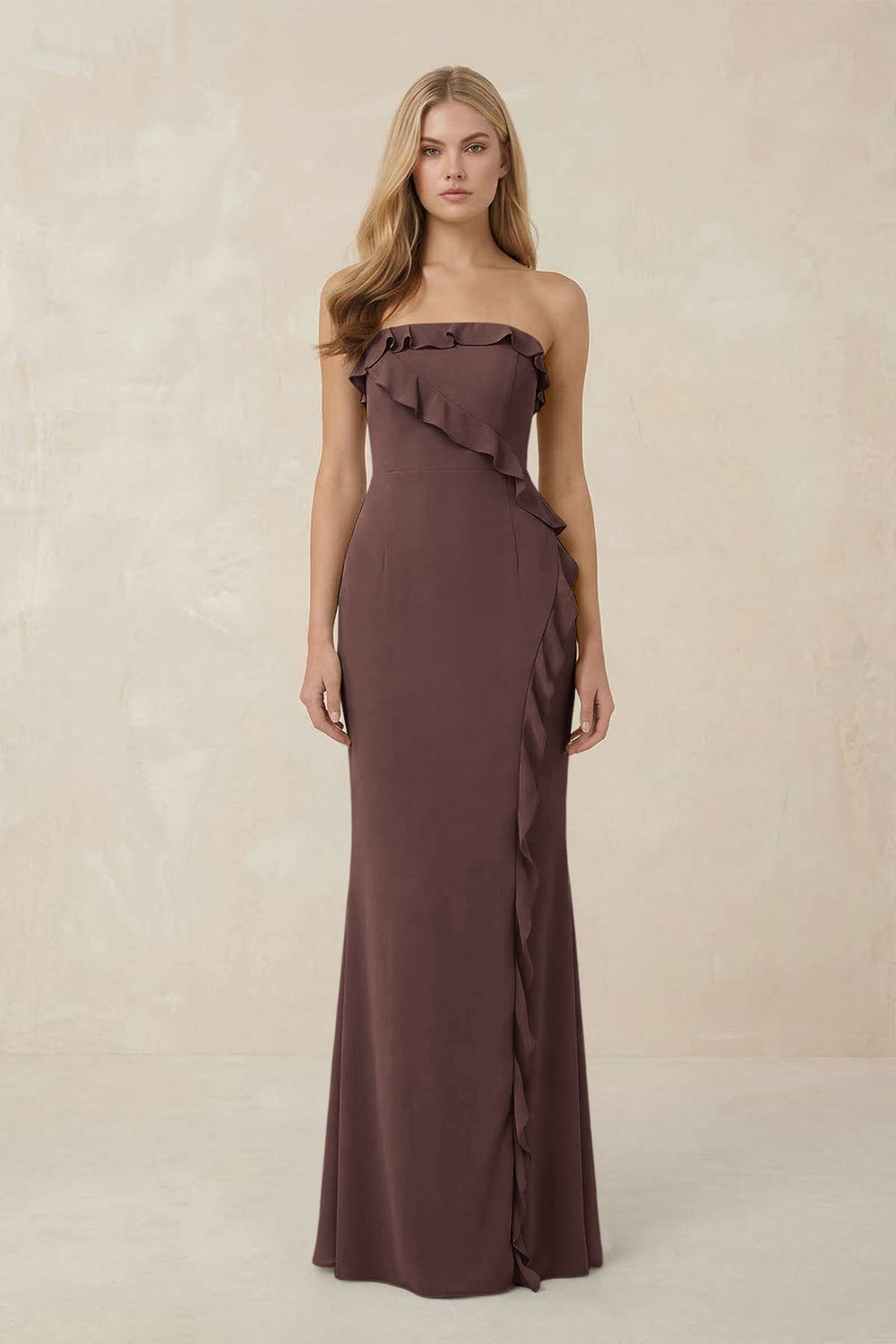 Strapless Ruffled Sheath Bridesmaid Dress in Espresso