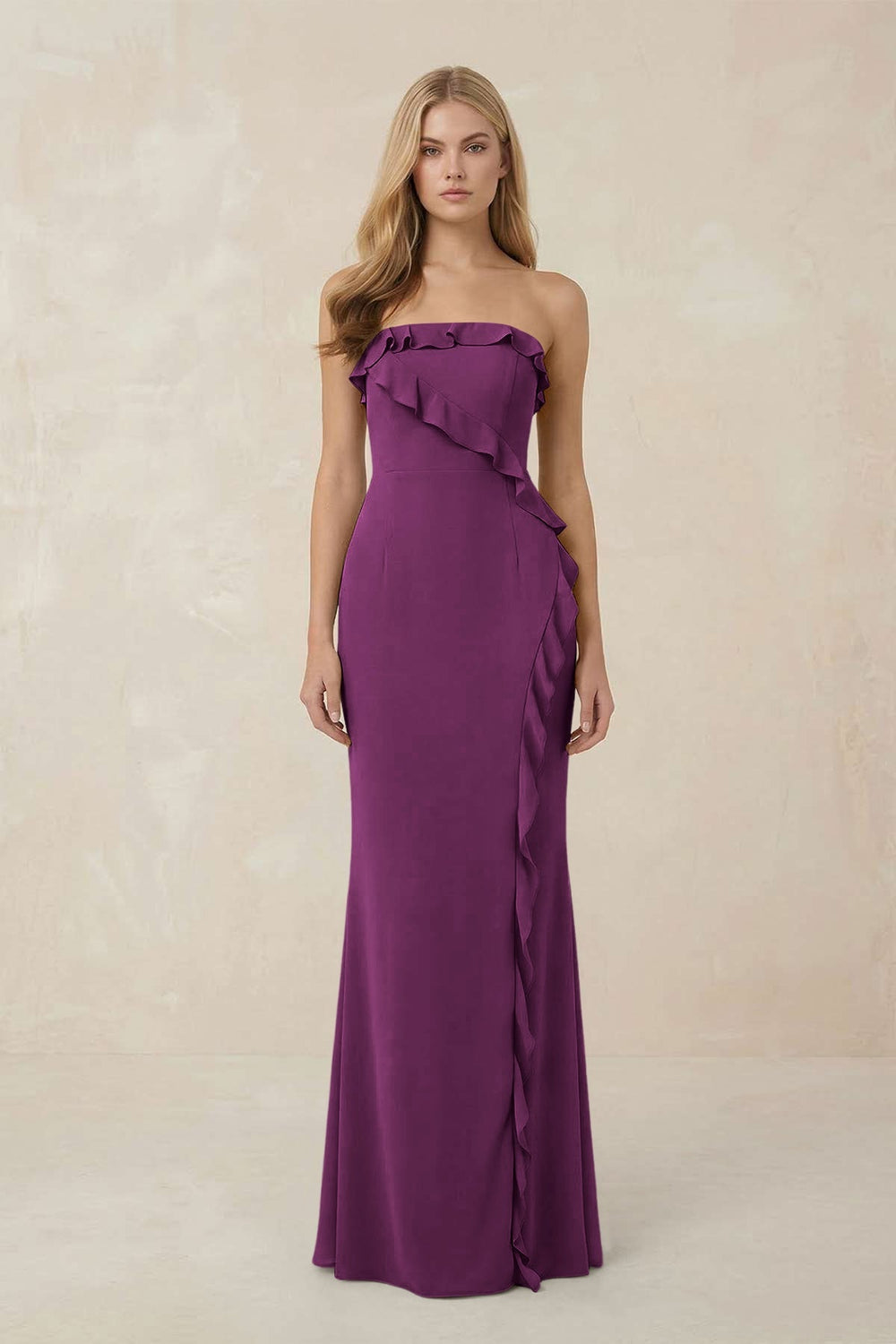 Strapless Ruffled Sheath Bridesmaid Dress in Fig