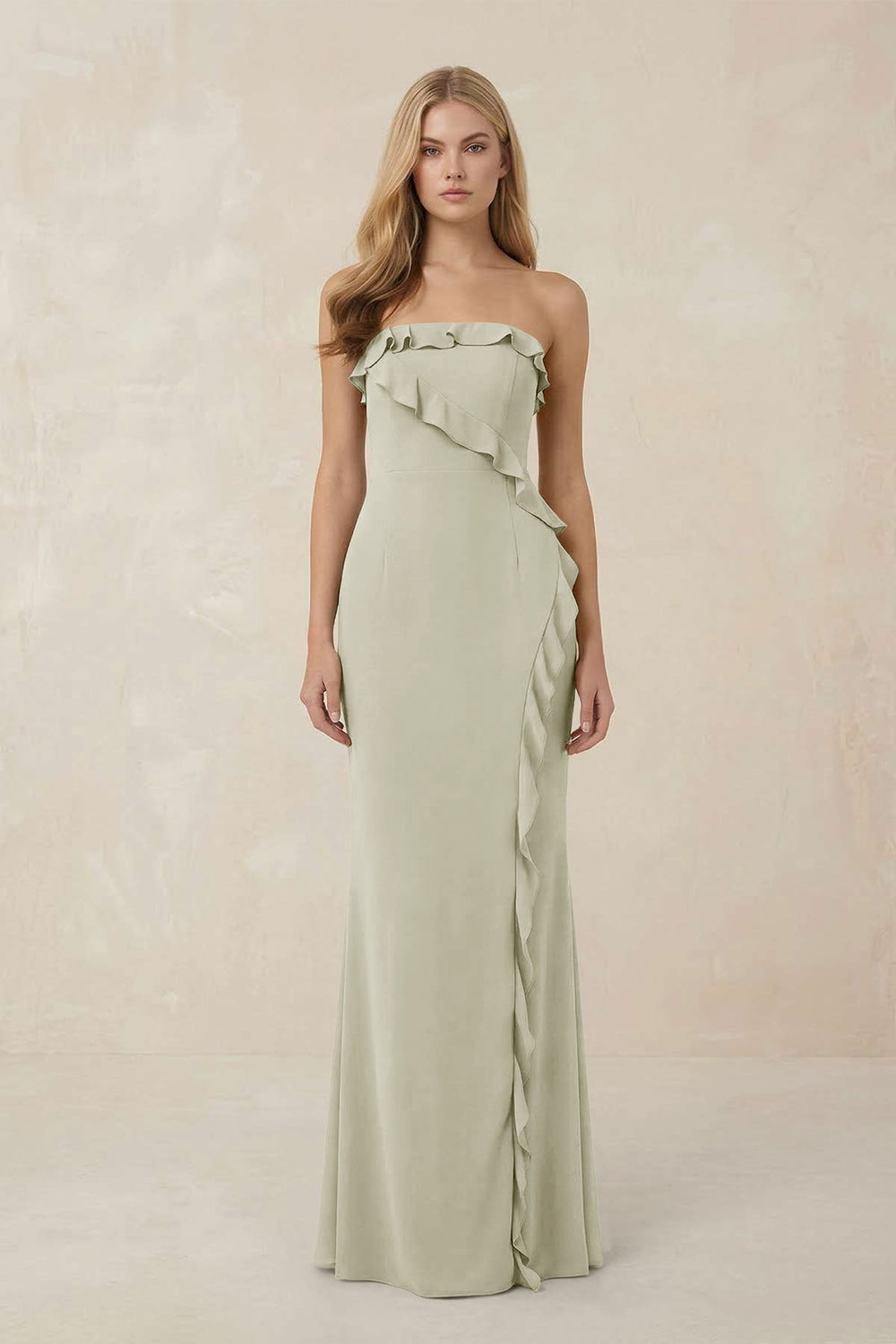 Strapless Ruffled Sheath Bridesmaid Dress in Frost