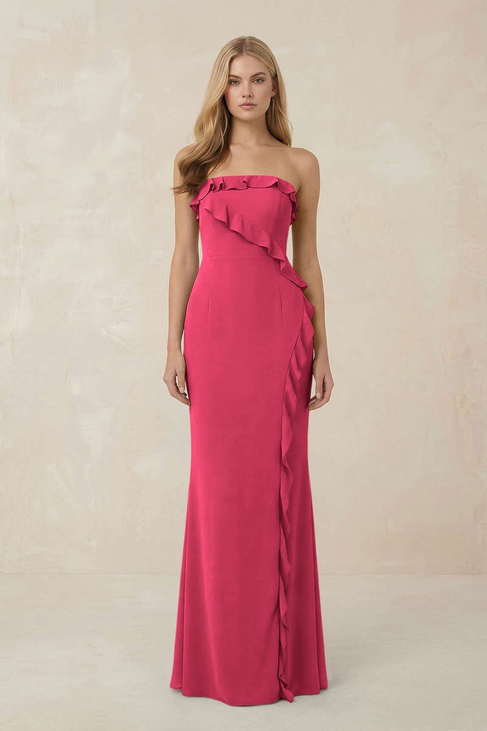 Strapless Ruffled Sheath Bridesmaid Dress in Fuchsia