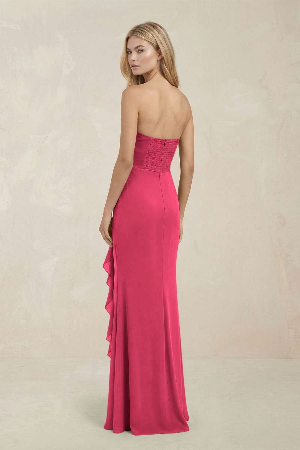 Strapless Ruffled Sheath Bridesmaid Dress in Fuchsia