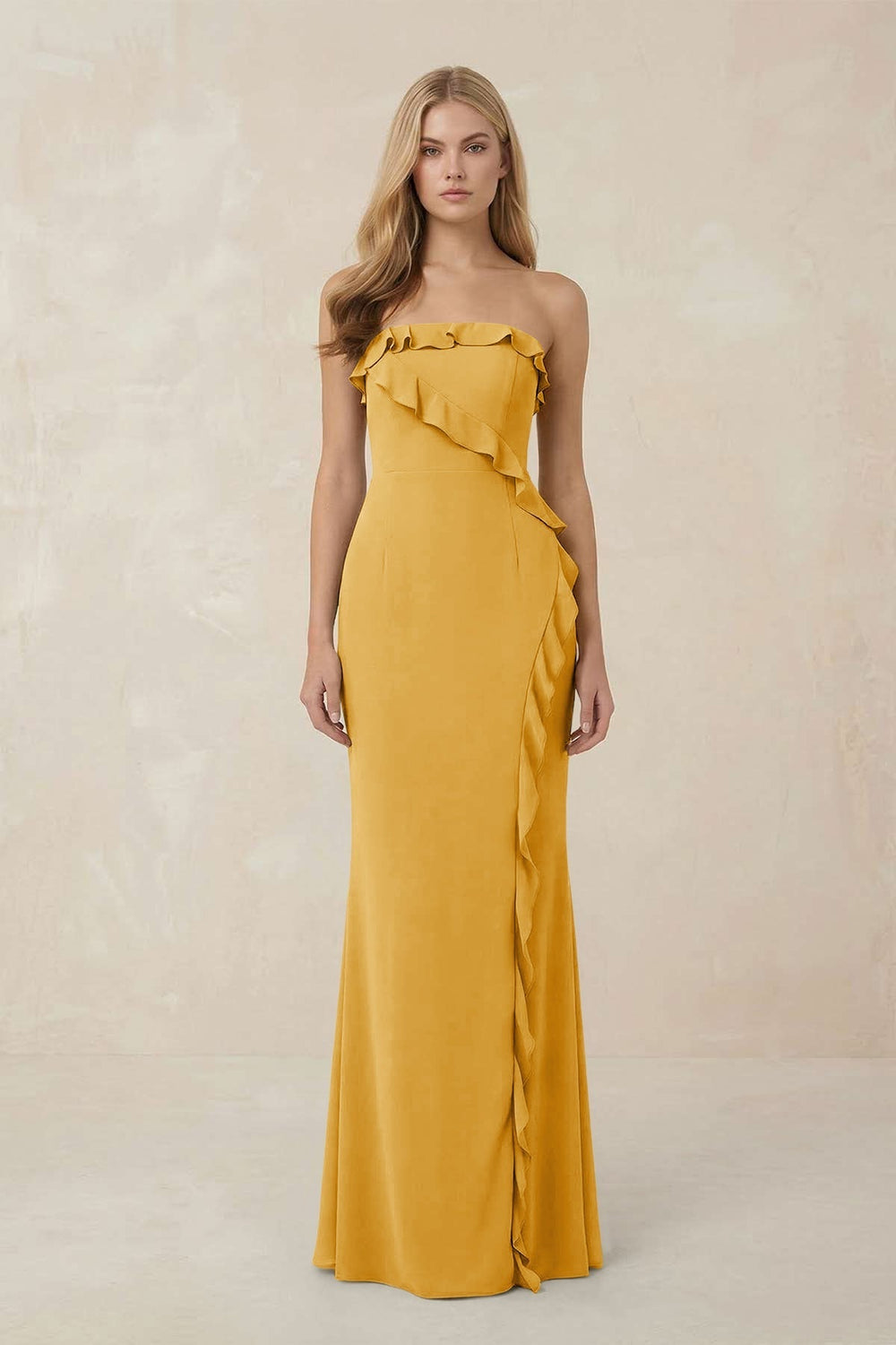 Strapless Ruffled Sheath Bridesmaid Dress in Gold