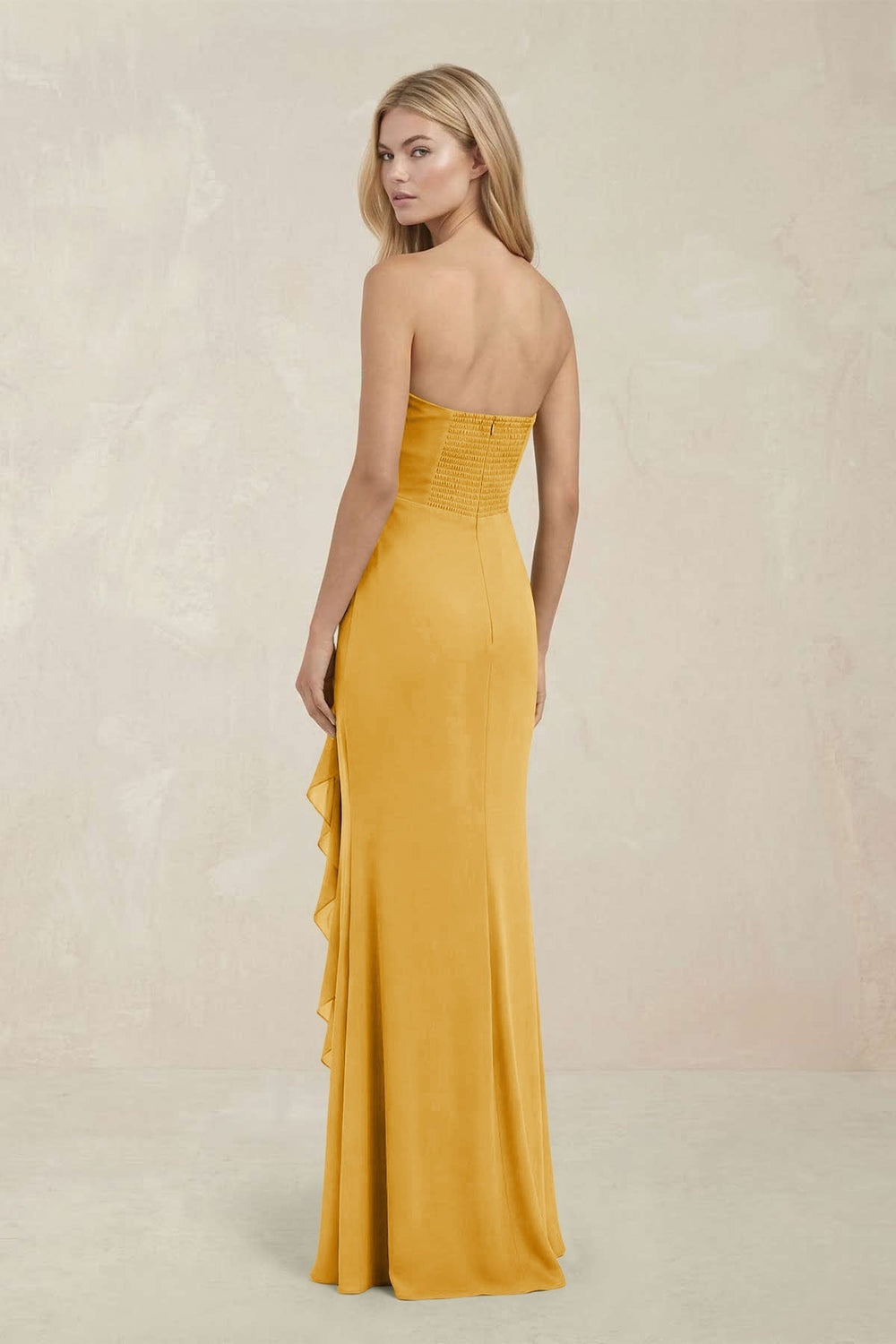 Strapless Ruffled Sheath Bridesmaid Dress in Gold