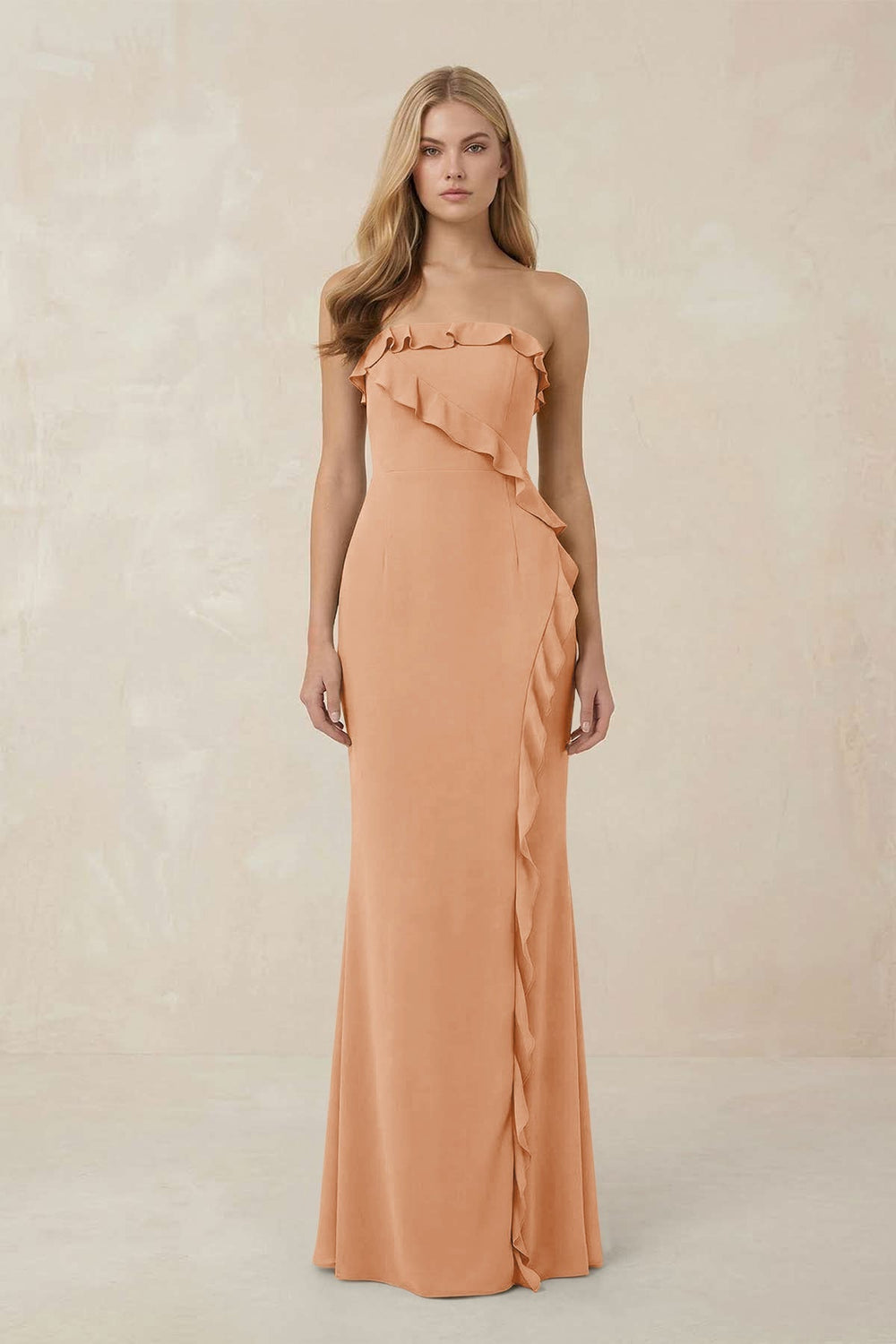 Strapless Ruffled Sheath Bridesmaid Dress in Golden Champagne