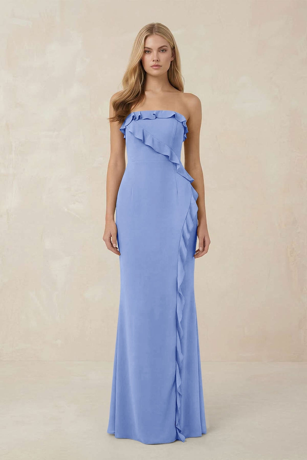Strapless Ruffled Sheath Bridesmaid Dress in Ice