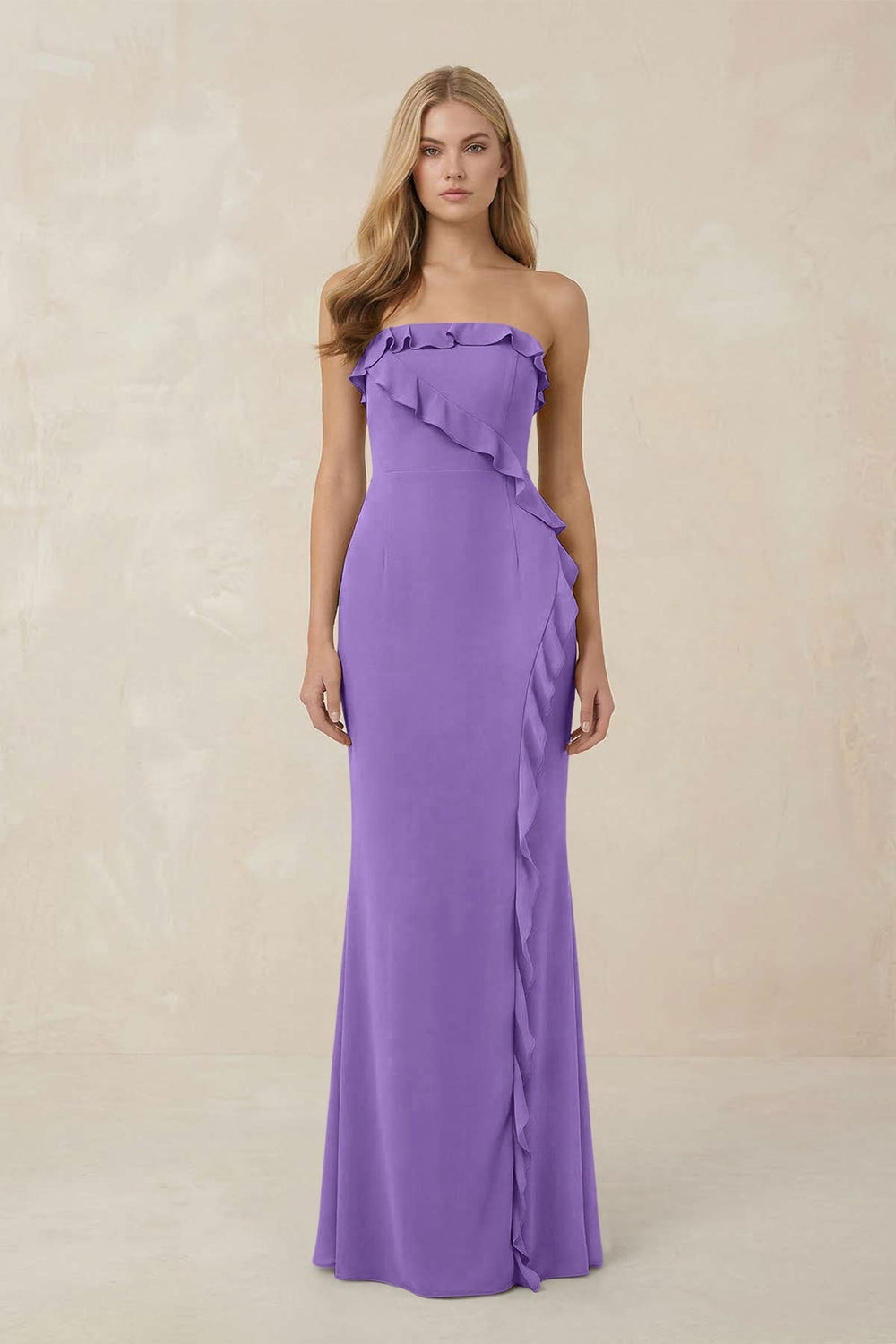 Strapless Ruffled Sheath Bridesmaid Dress in Lilac