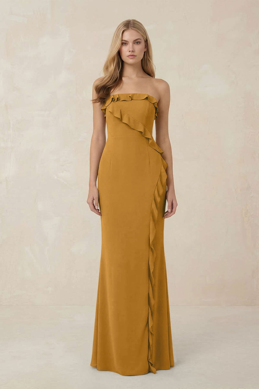 Strapless Ruffled Sheath Bridesmaid Dress in Marigold