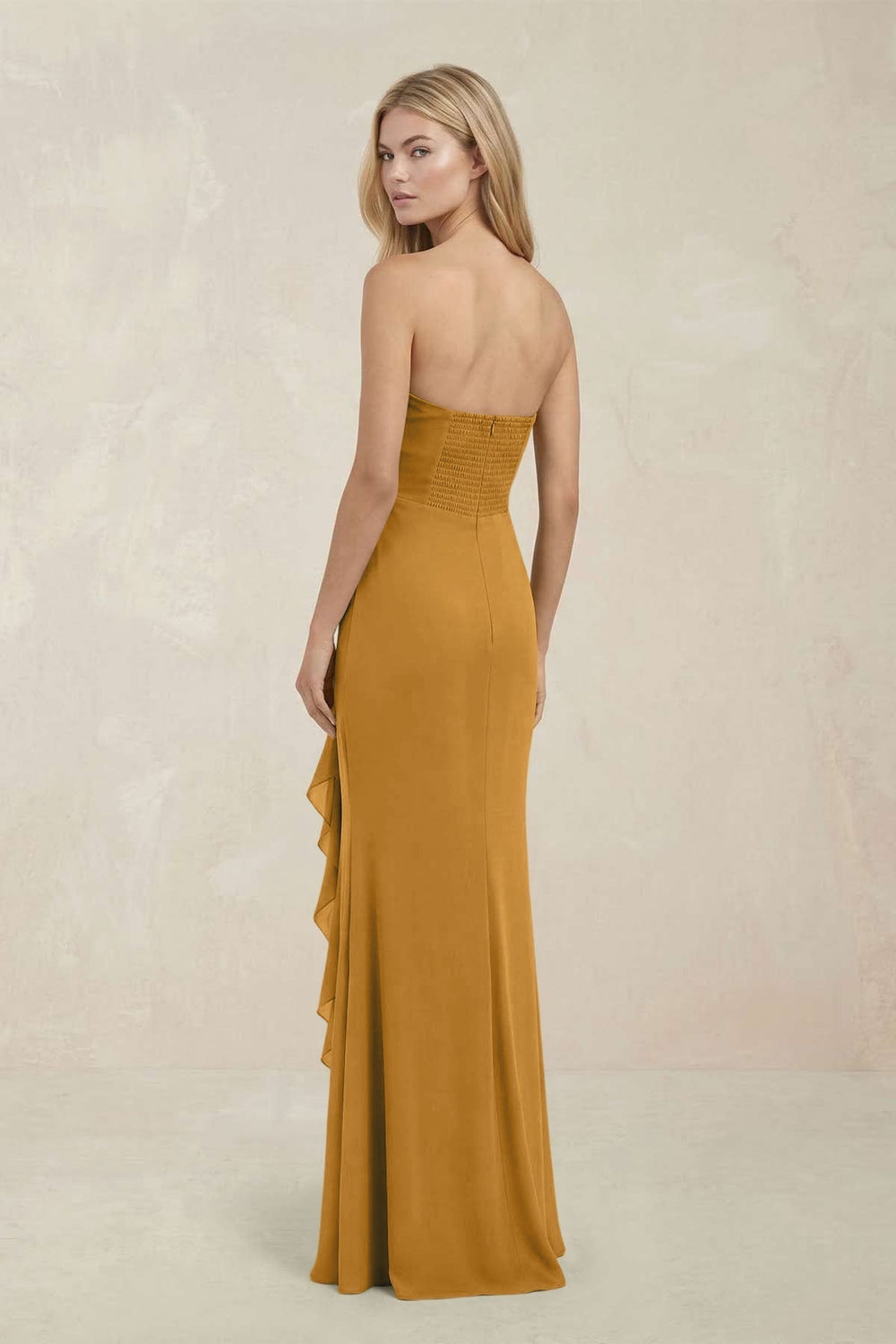 Strapless Ruffled Sheath Bridesmaid Dress in Marigold