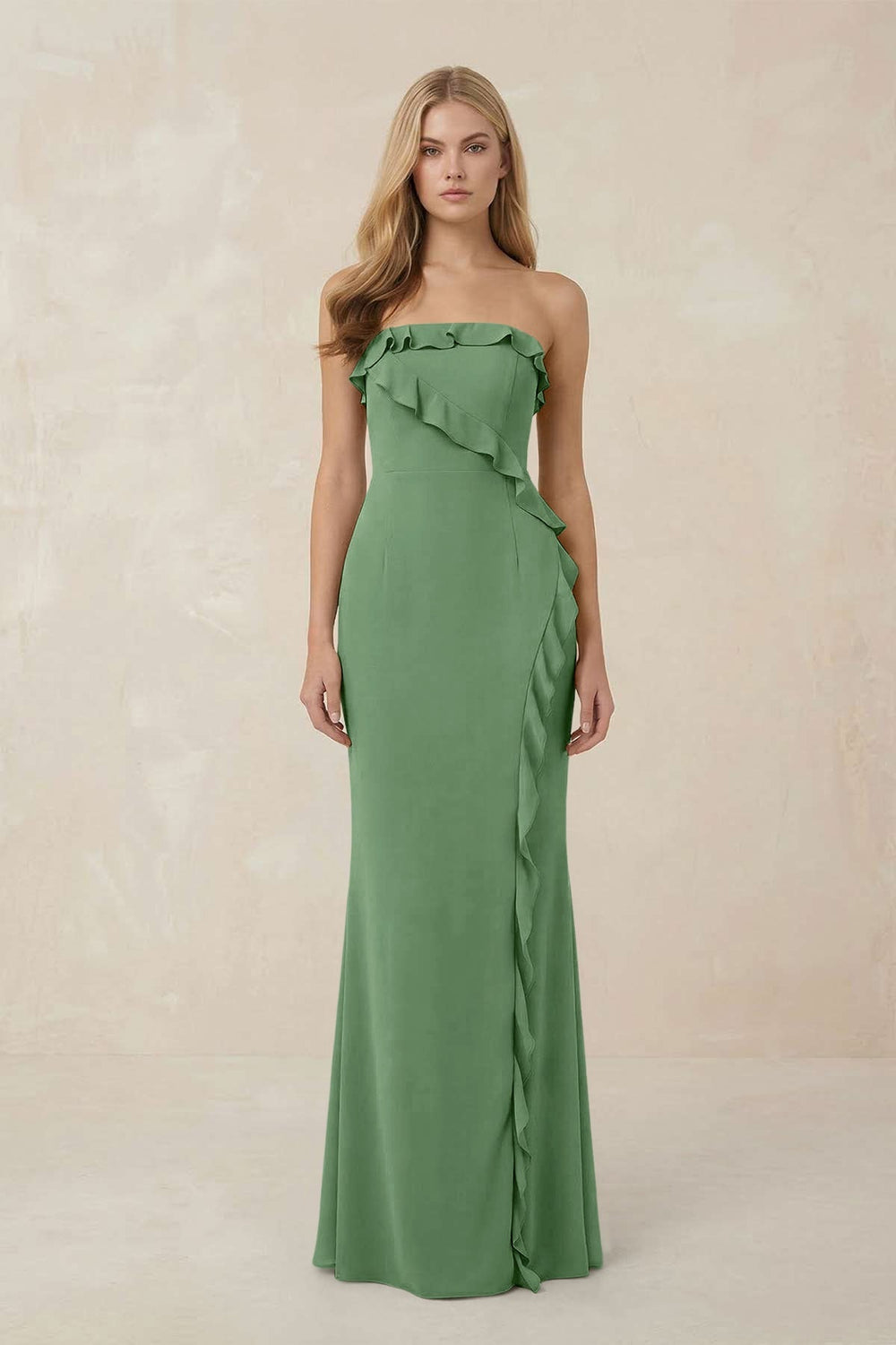 Strapless Ruffled Sheath Bridesmaid Dress in Matcha