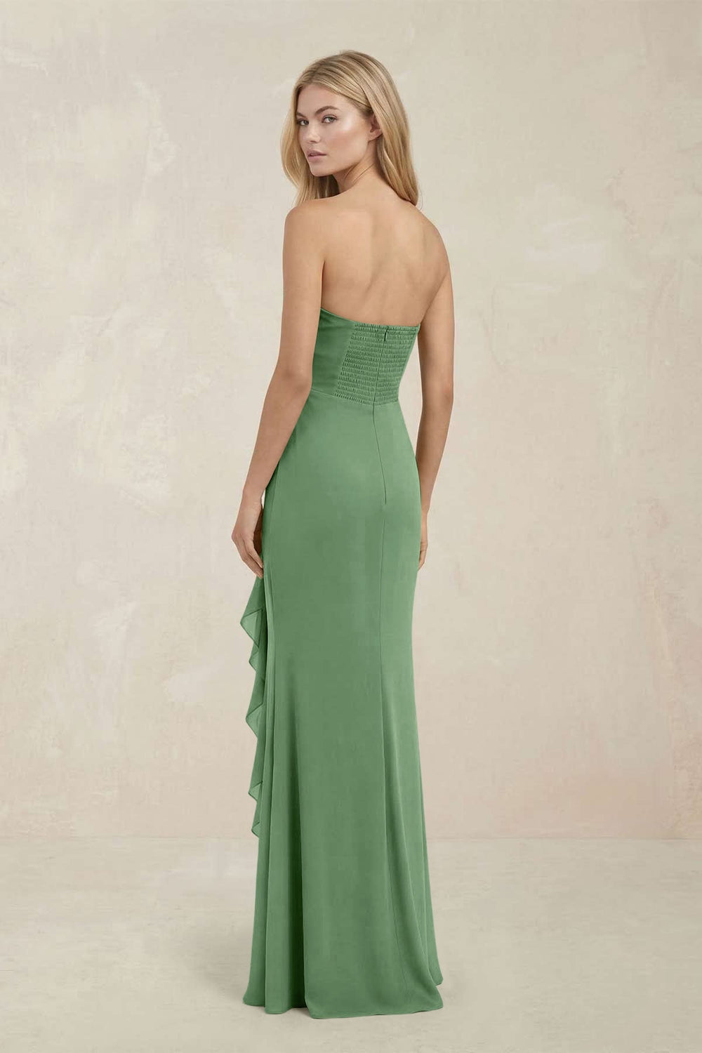 Strapless Ruffled Sheath Bridesmaid Dress in Matcha