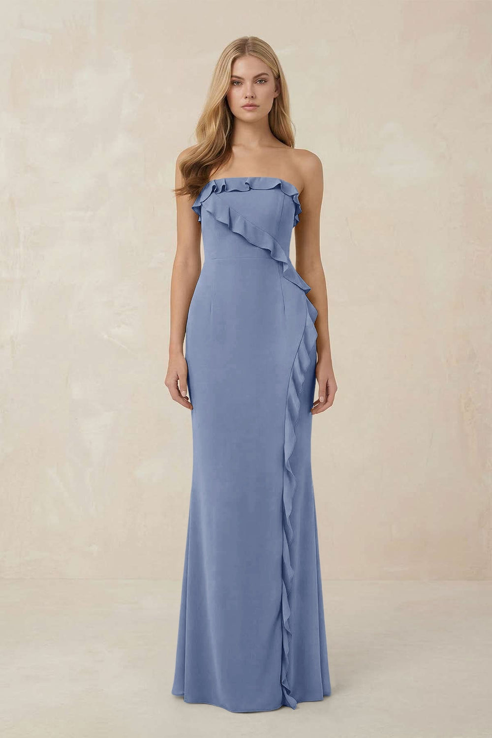 Strapless Ruffled Sheath Bridesmaid Dress in Mist