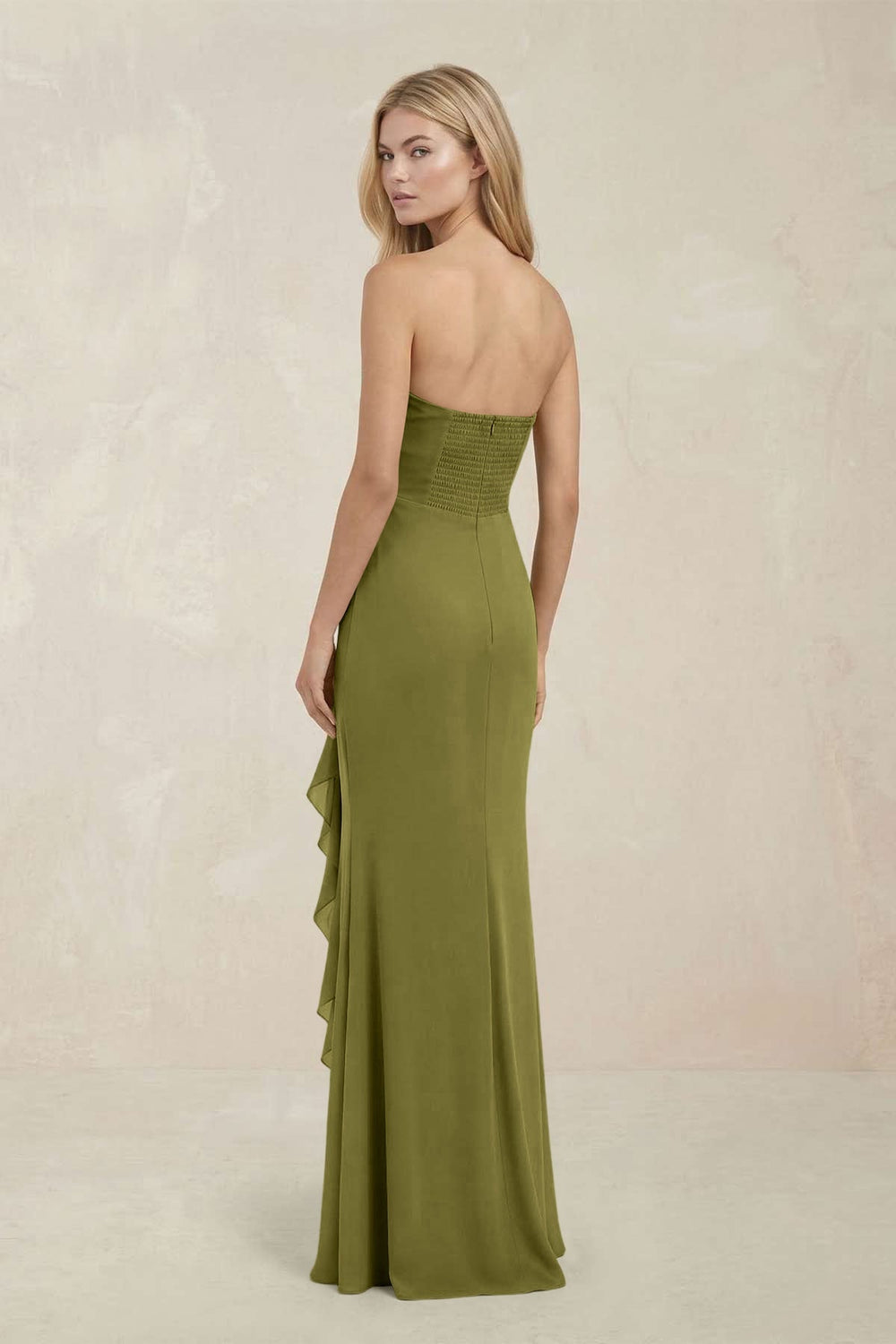 Strapless Ruffled Sheath Bridesmaid Dress in Moss Green
