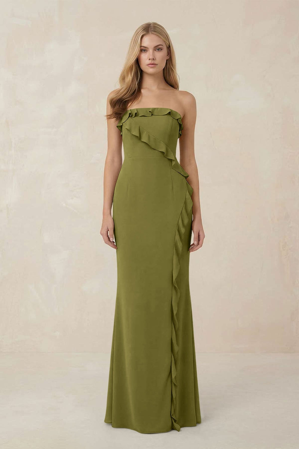 Strapless Ruffled Sheath Bridesmaid Dress in Moss Green