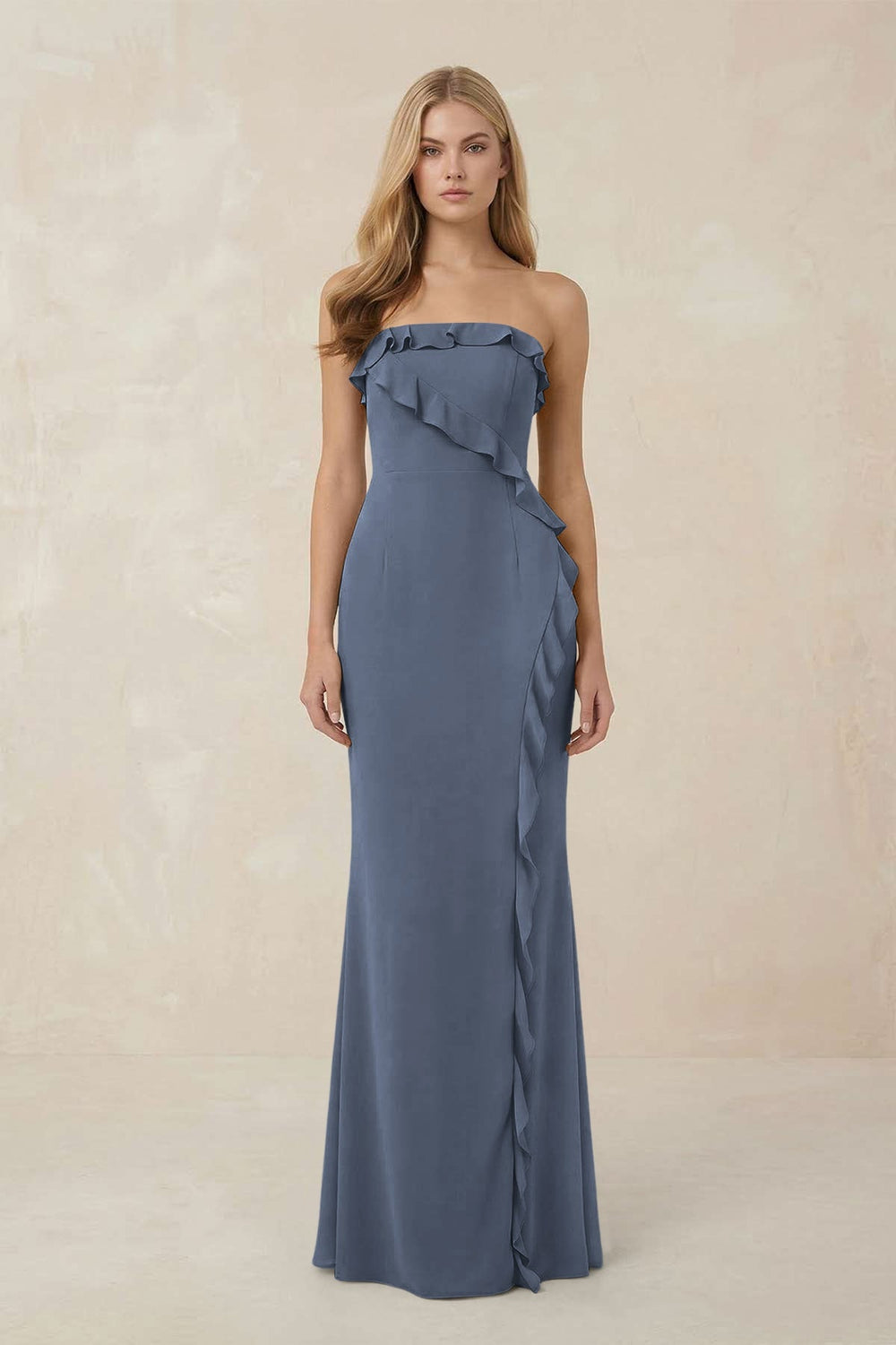 Strapless Ruffled Sheath Bridesmaid Dress in Neptune