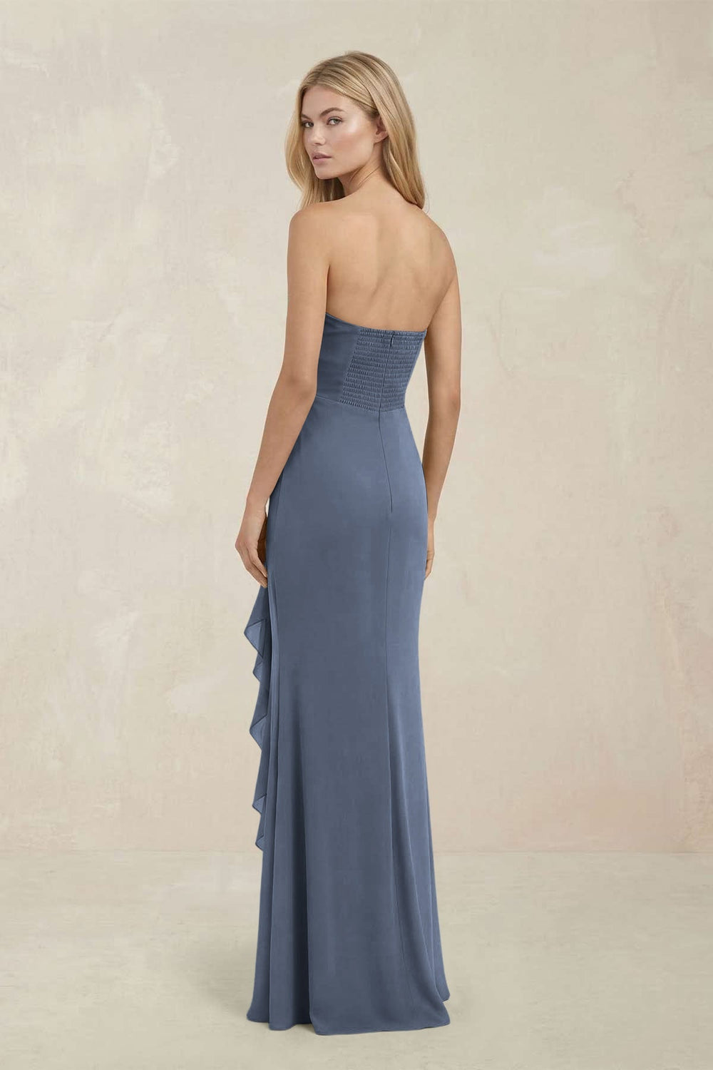 Strapless Ruffled Sheath Bridesmaid Dress in Neptune