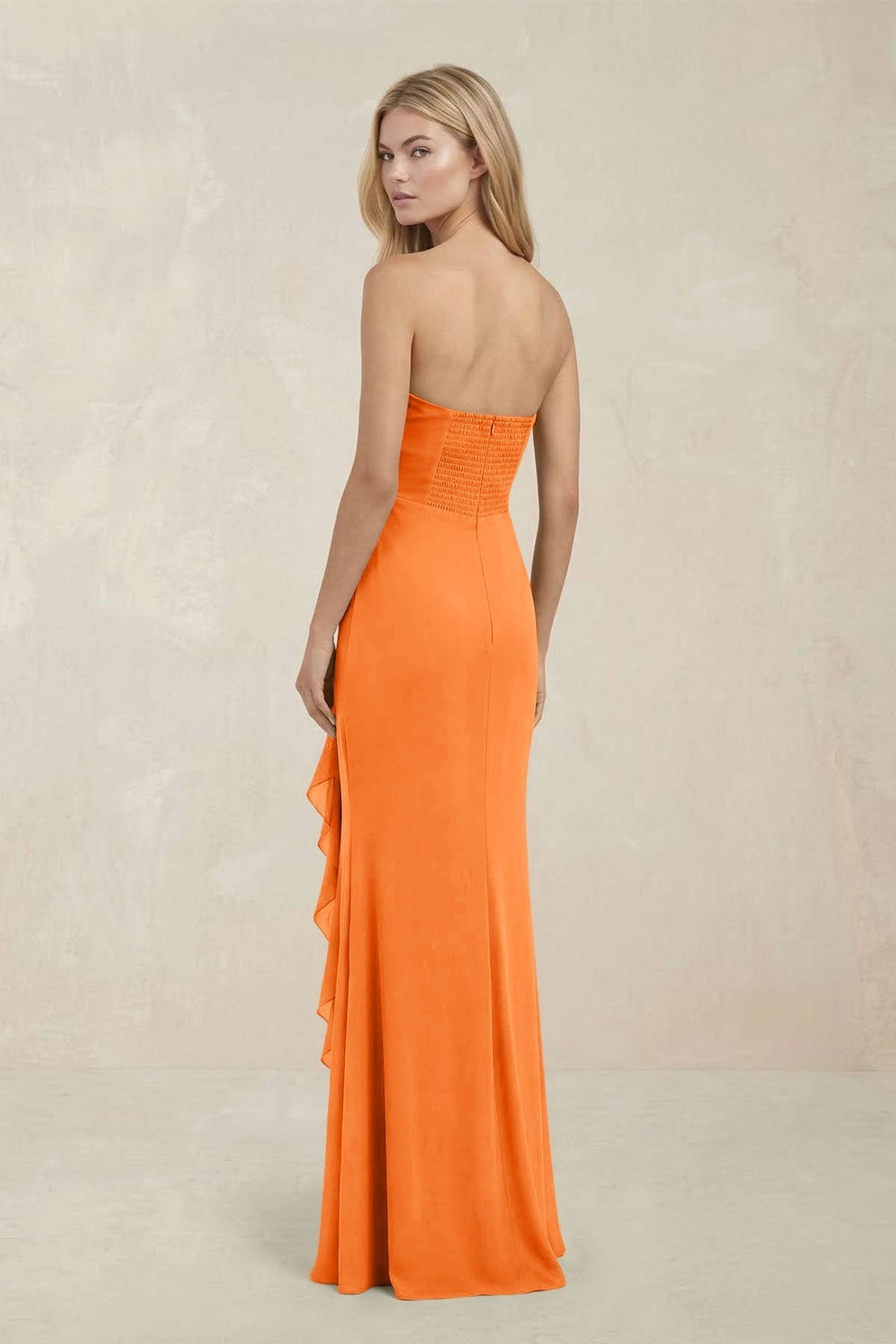 Strapless Ruffled Sheath Bridesmaid Dress in Orange