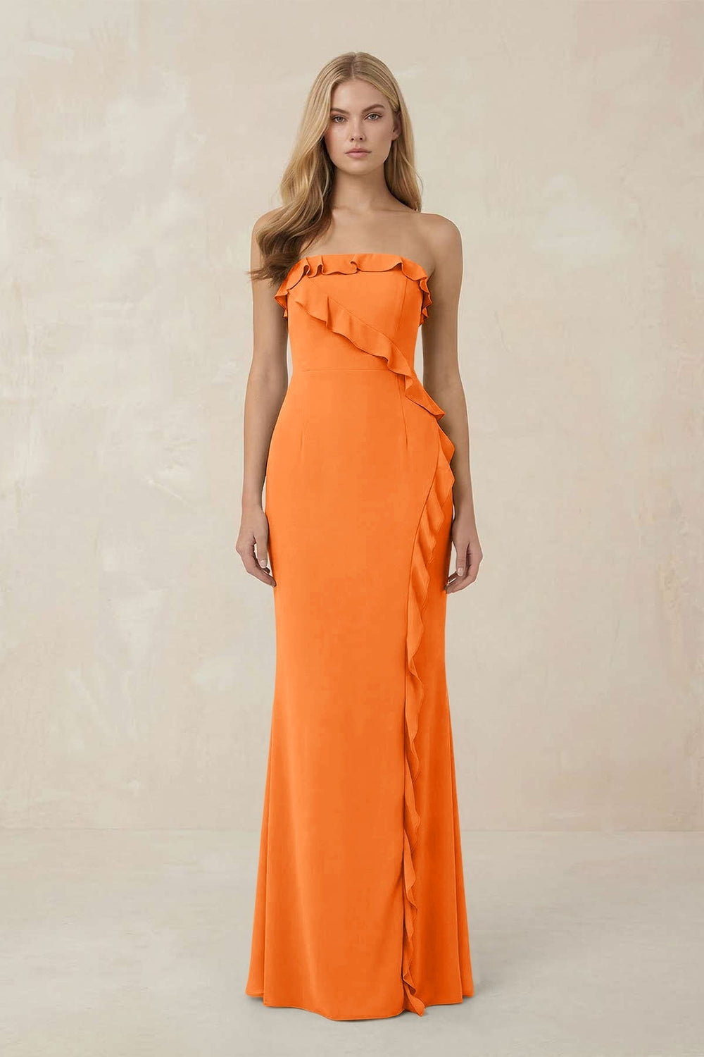 Strapless Ruffled Sheath Bridesmaid Dress in Orange
