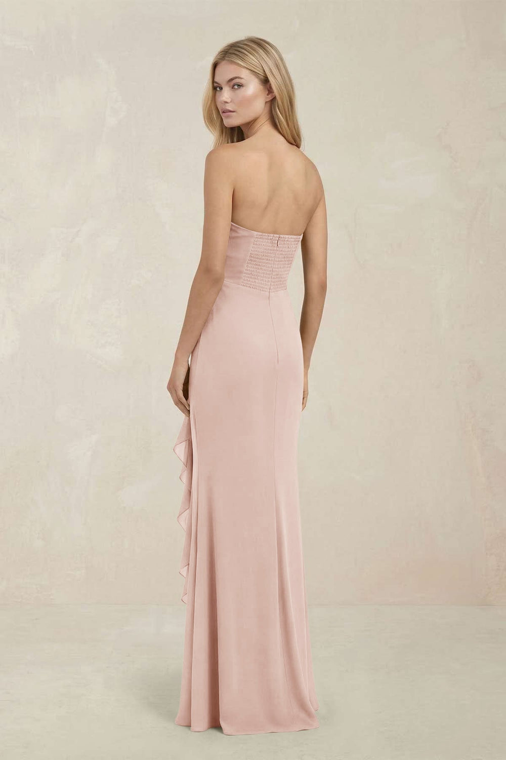 Strapless Ruffled Sheath Bridesmaid Dress in Pale Blush