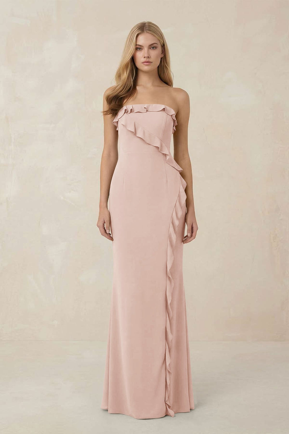 Strapless Ruffled Sheath Bridesmaid Dress in Pale Blush