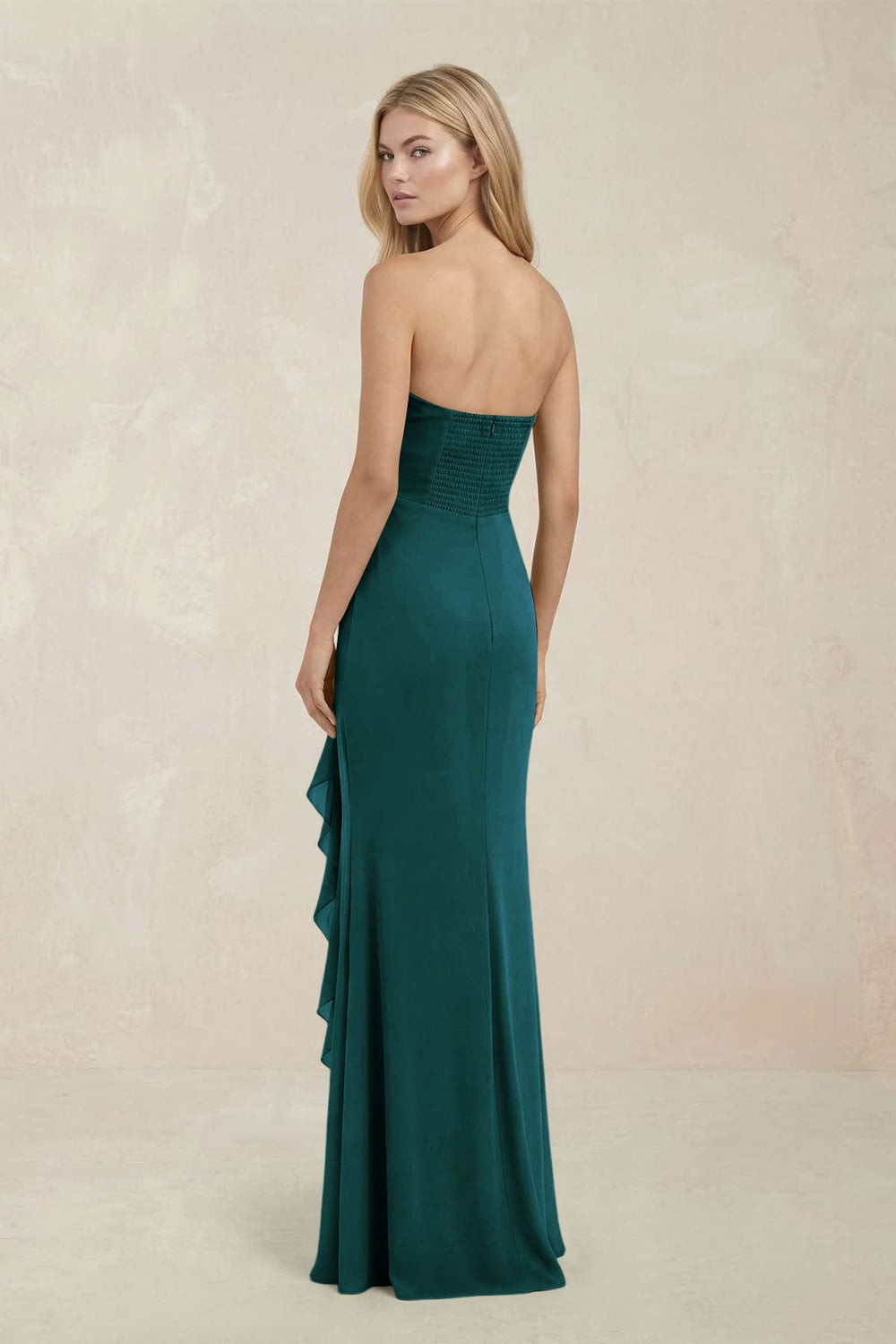 Strapless Ruffled Sheath Bridesmaid Dress in Pine
