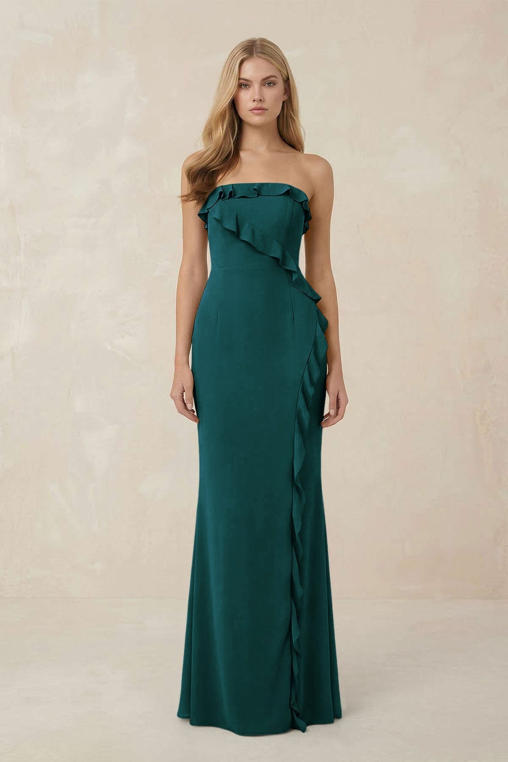 Strapless Ruffled Sheath Bridesmaid Dress in Pine
