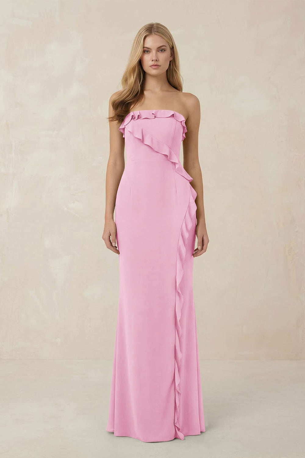 Strapless Ruffled Sheath Bridesmaid Dress in Pink