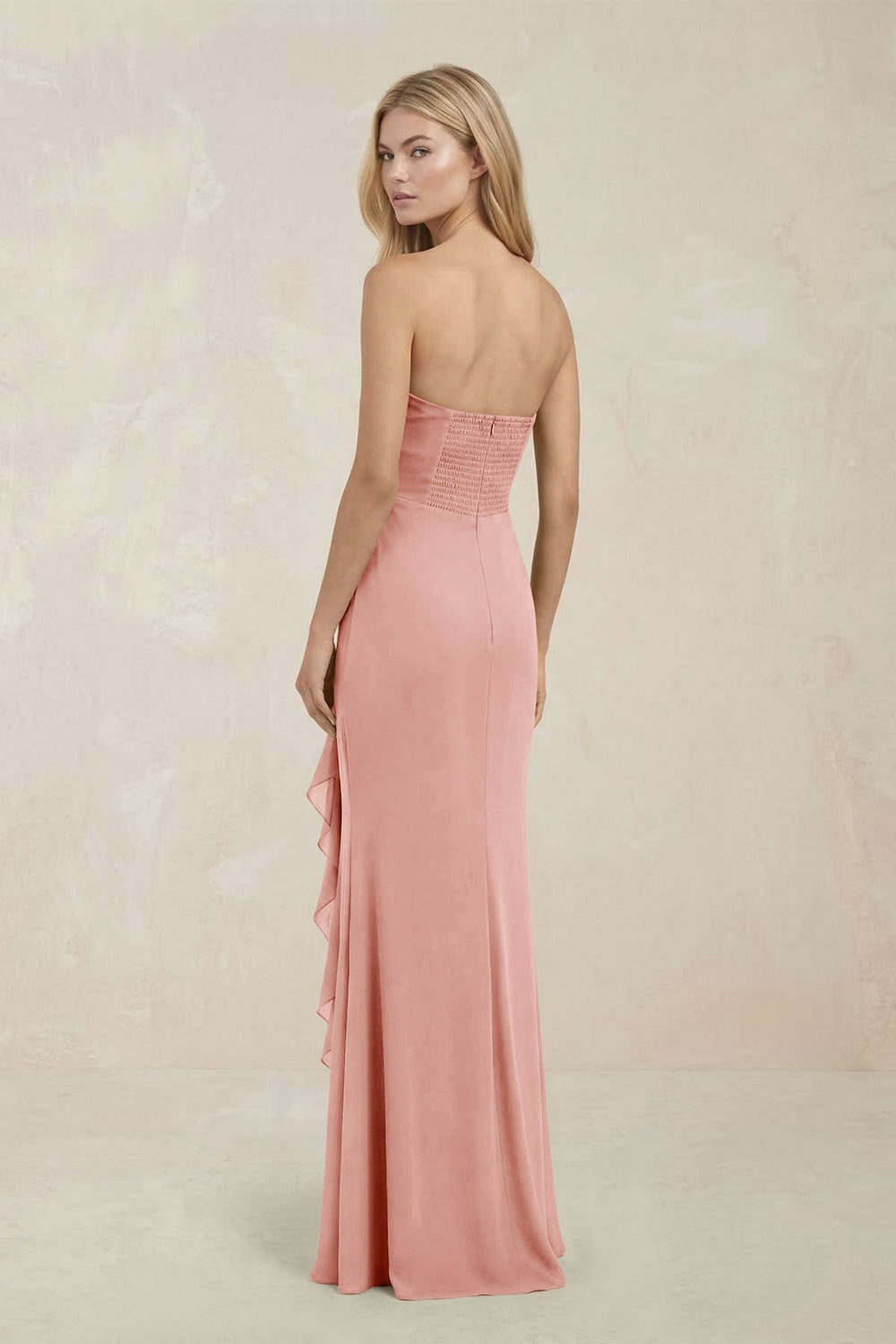 Strapless Ruffled Sheath Bridesmaid Dress in Rose Petal