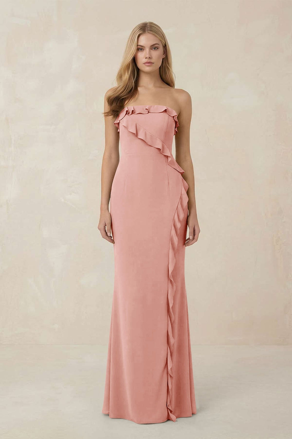 Strapless Ruffled Sheath Bridesmaid Dress in Rose Petal