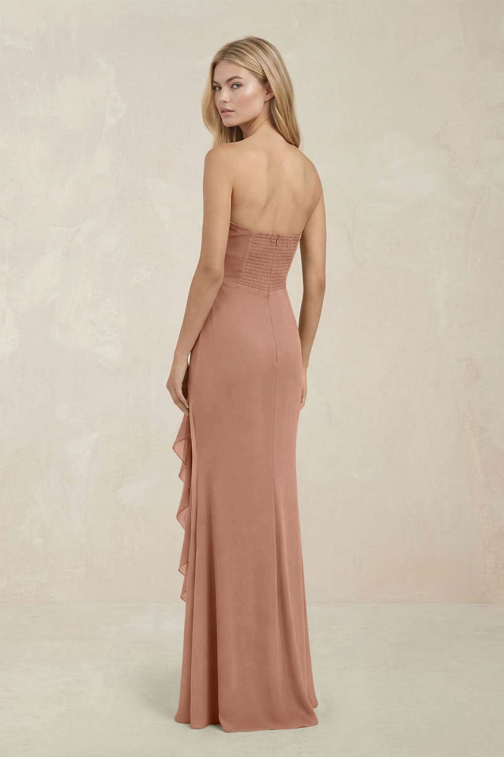 Strapless Ruffled Sheath Bridesmaid Dress in Rosette