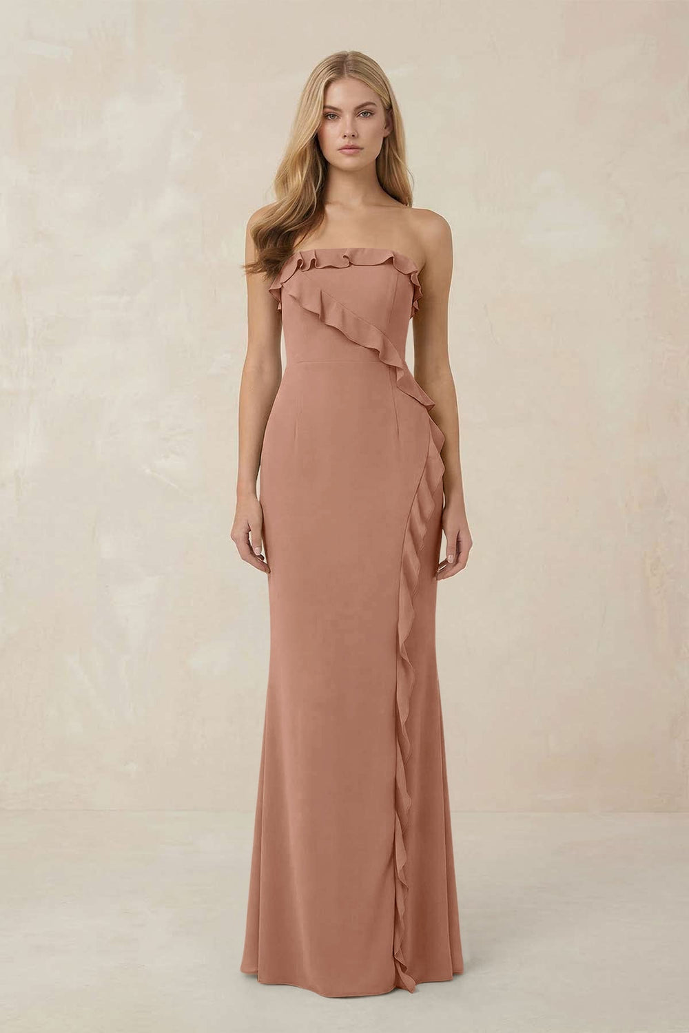 Strapless Ruffled Sheath Bridesmaid Dress in Rosette
