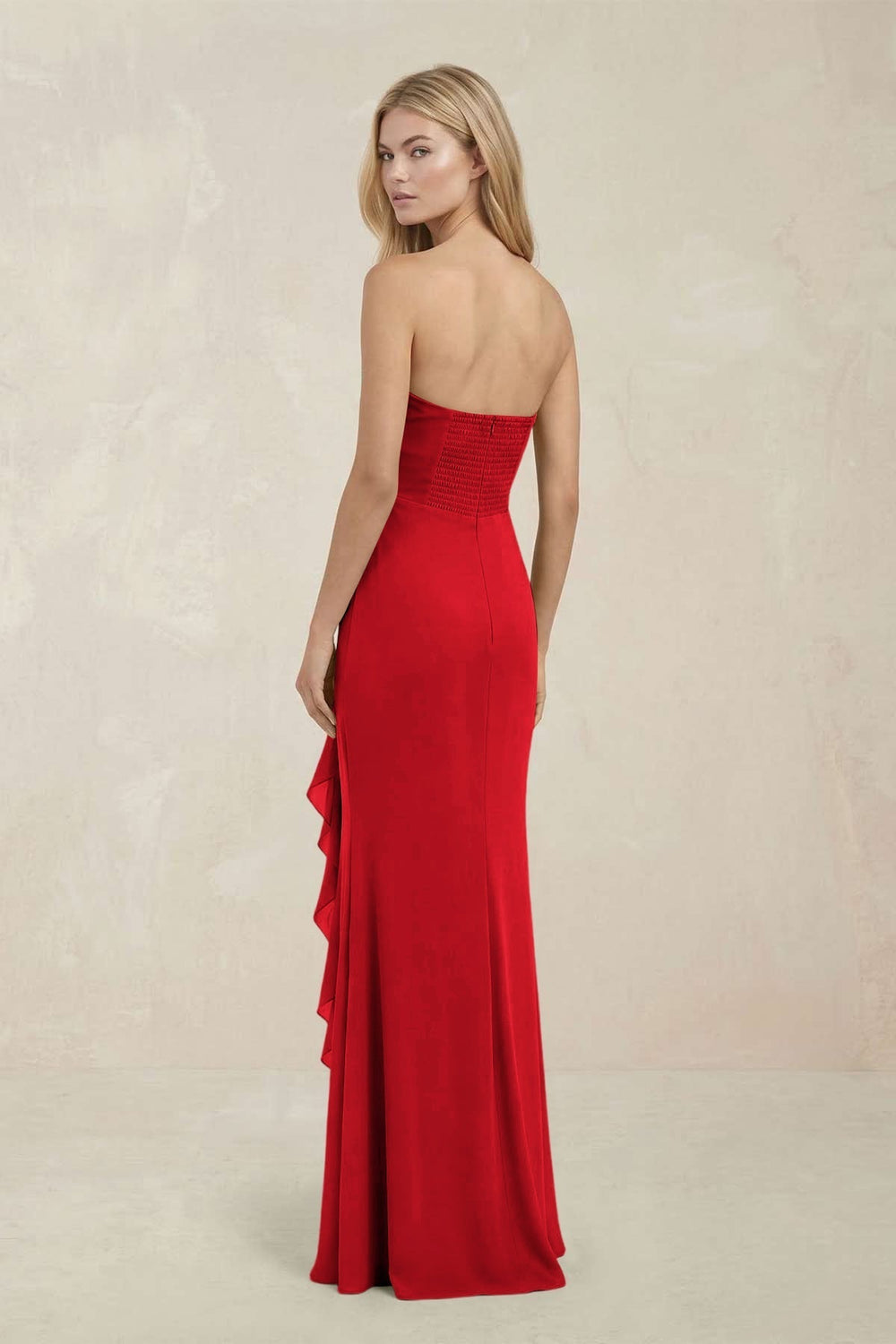 Strapless Ruffled Sheath Bridesmaid Dress in Ruby Red
